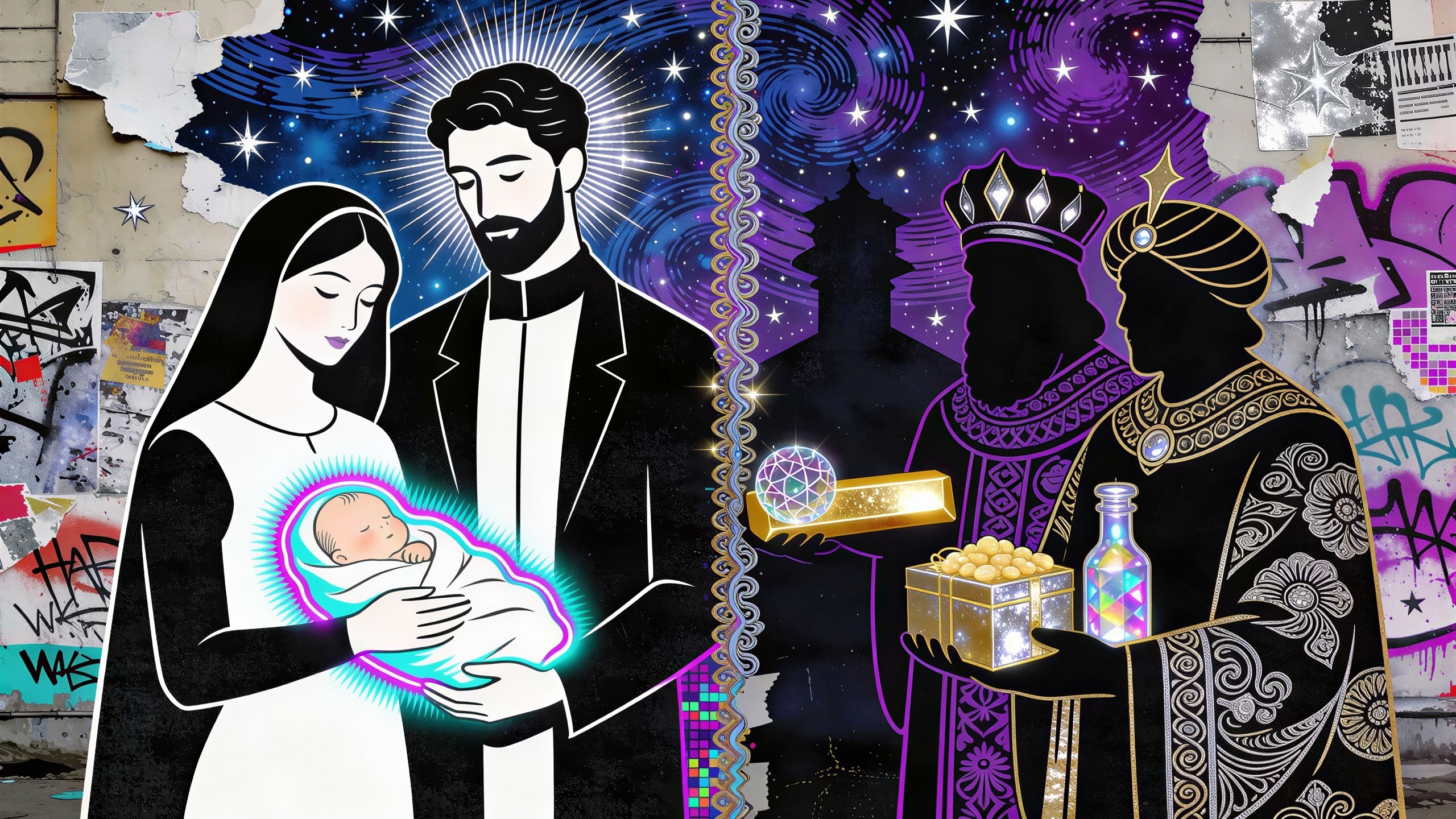 Classical Nativity Scene with Cosmic Background Illustration