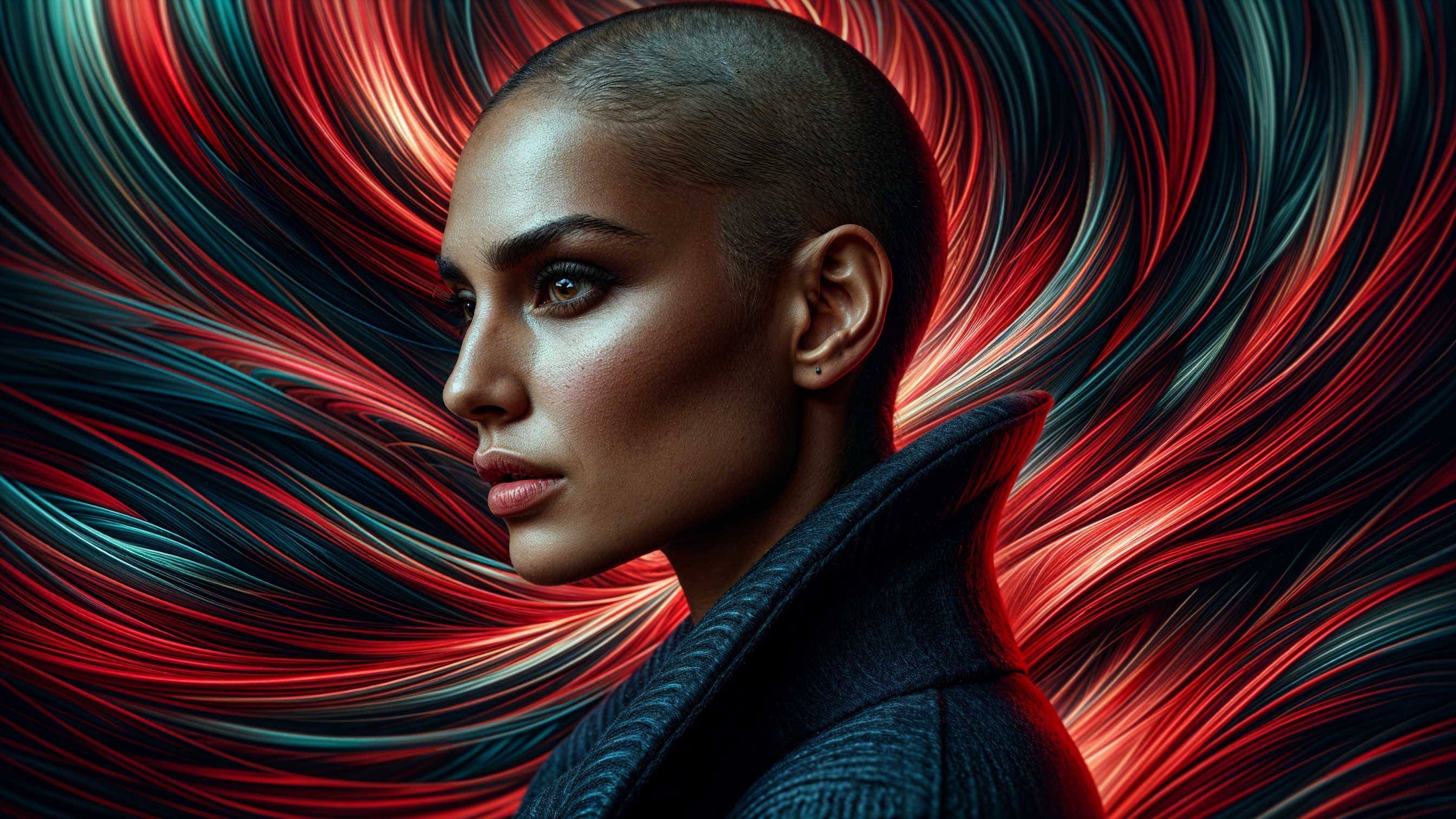 Portrait of a Woman with Shaved Head and Bold Makeup