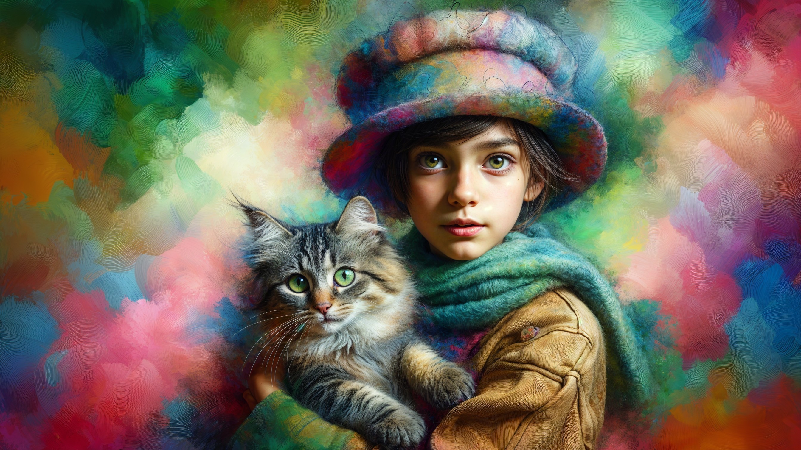 Young girl with cat in colorful, whimsical setting