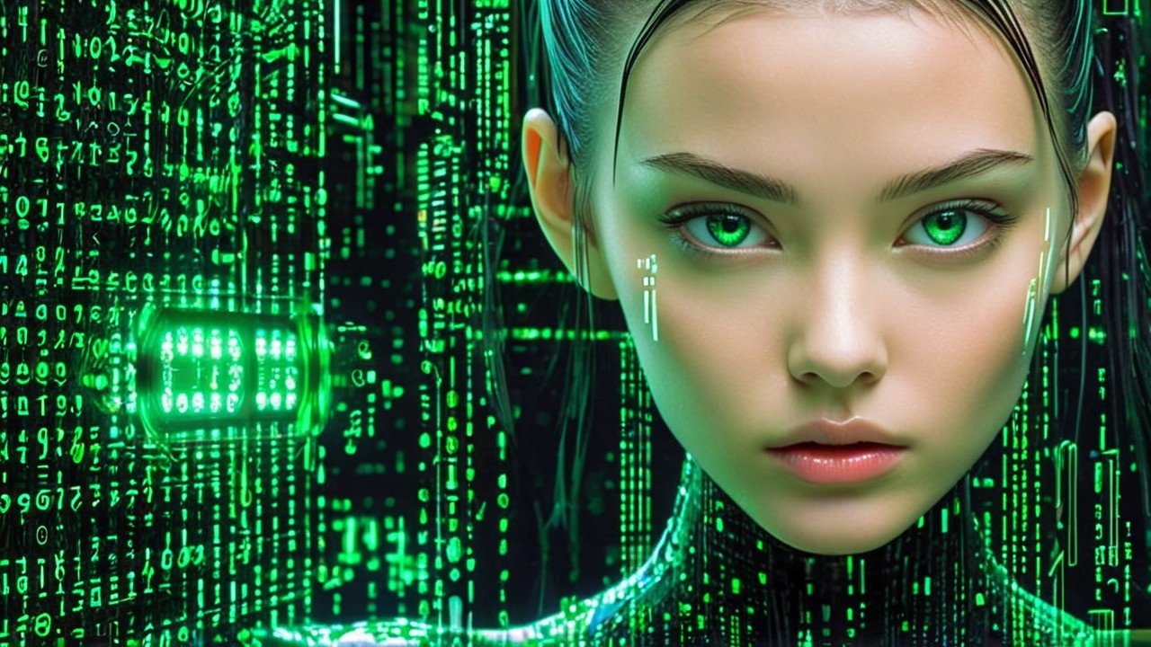Futuristic Digital Landscape with Cybernetic Woman