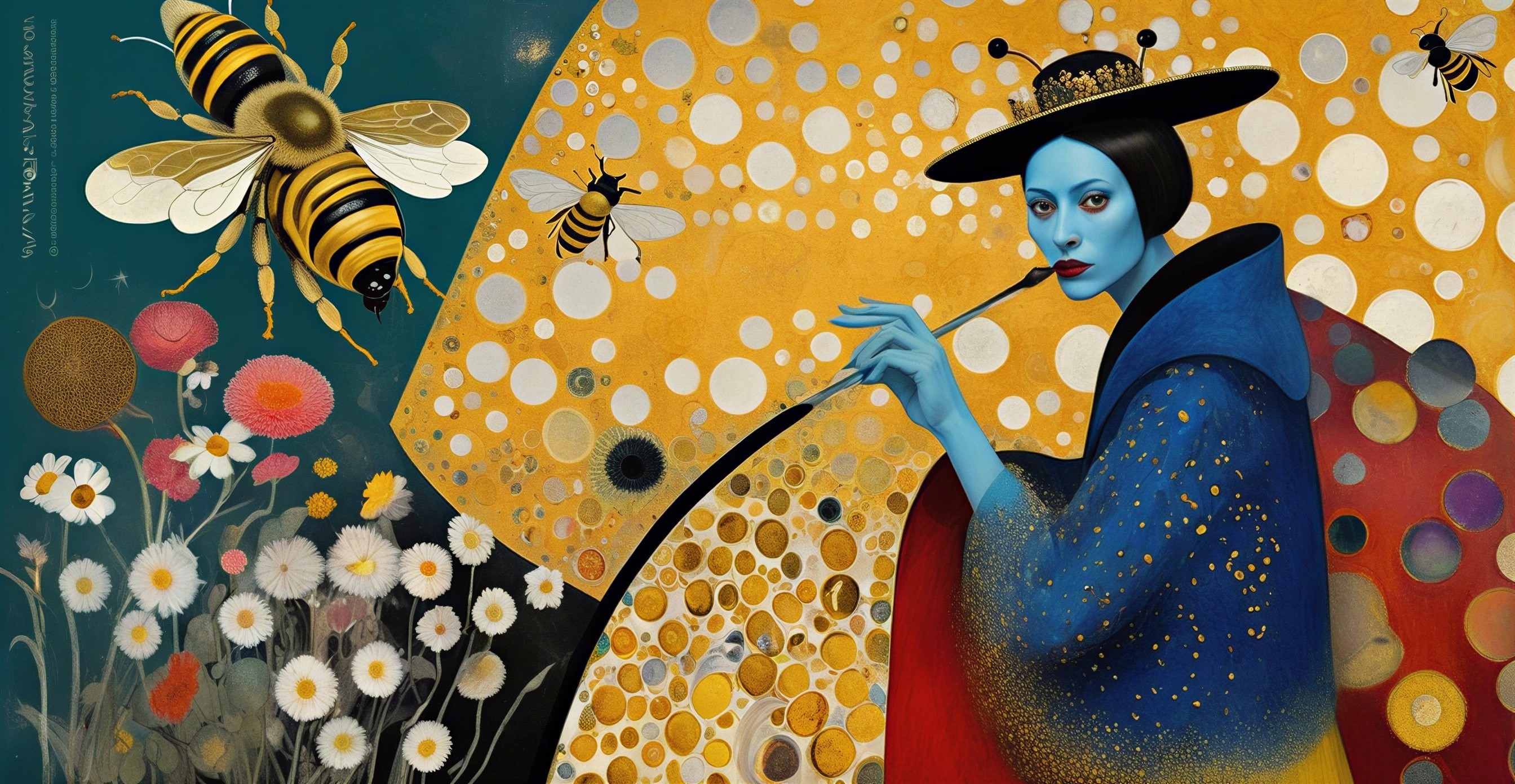 Serene Figure with Blue Skin and Floral Surroundings