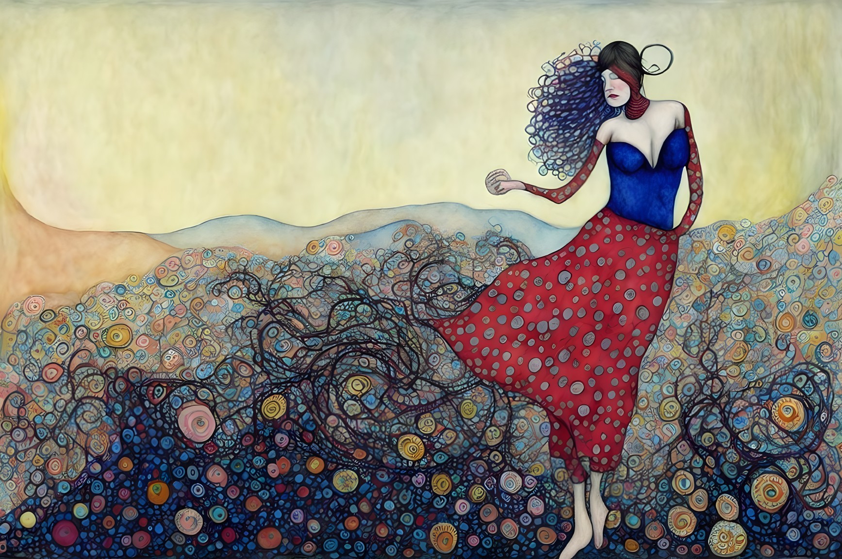 Illustration of woman with curly hair walking on colorful wave.