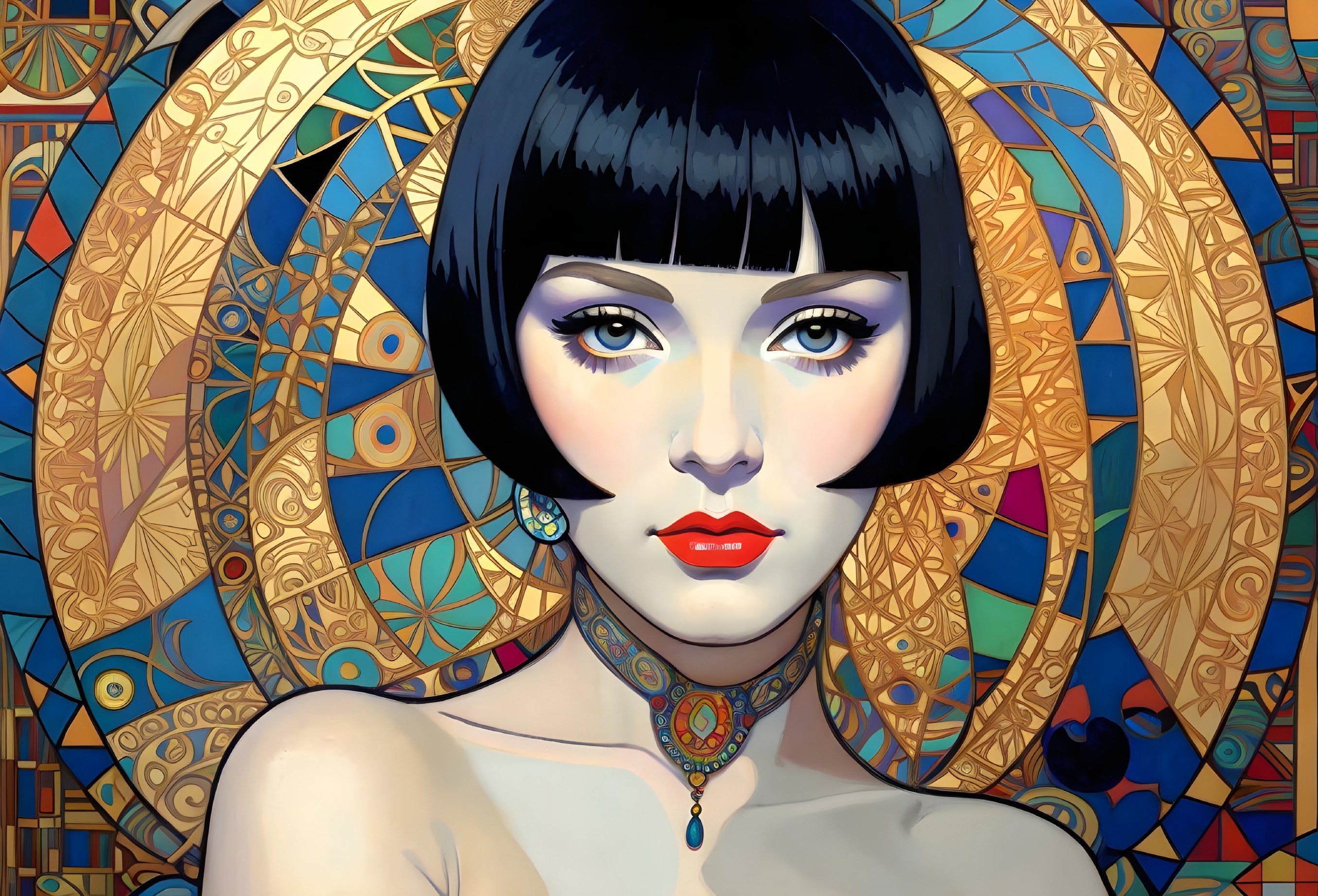 Stylized Woman with Bobbed Hair and Geometric Background