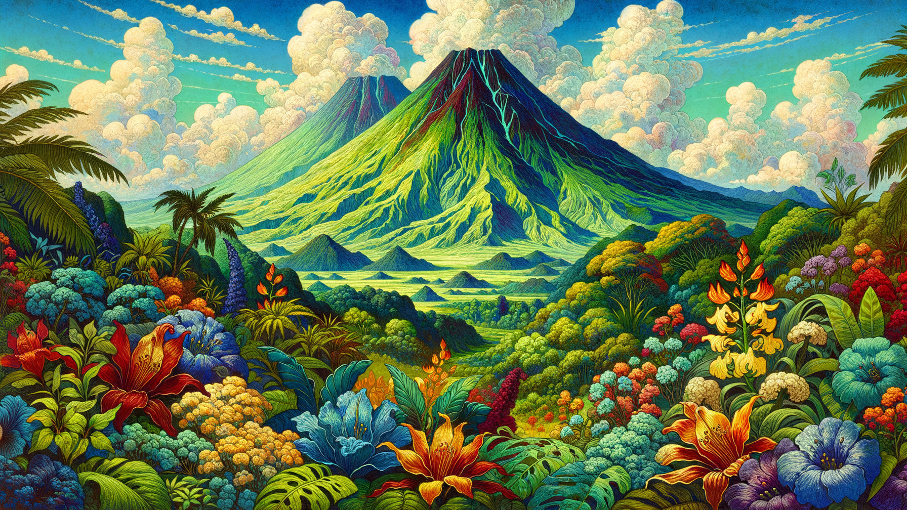Vibrant Landscape with Majestic Volcanoes and Flowers