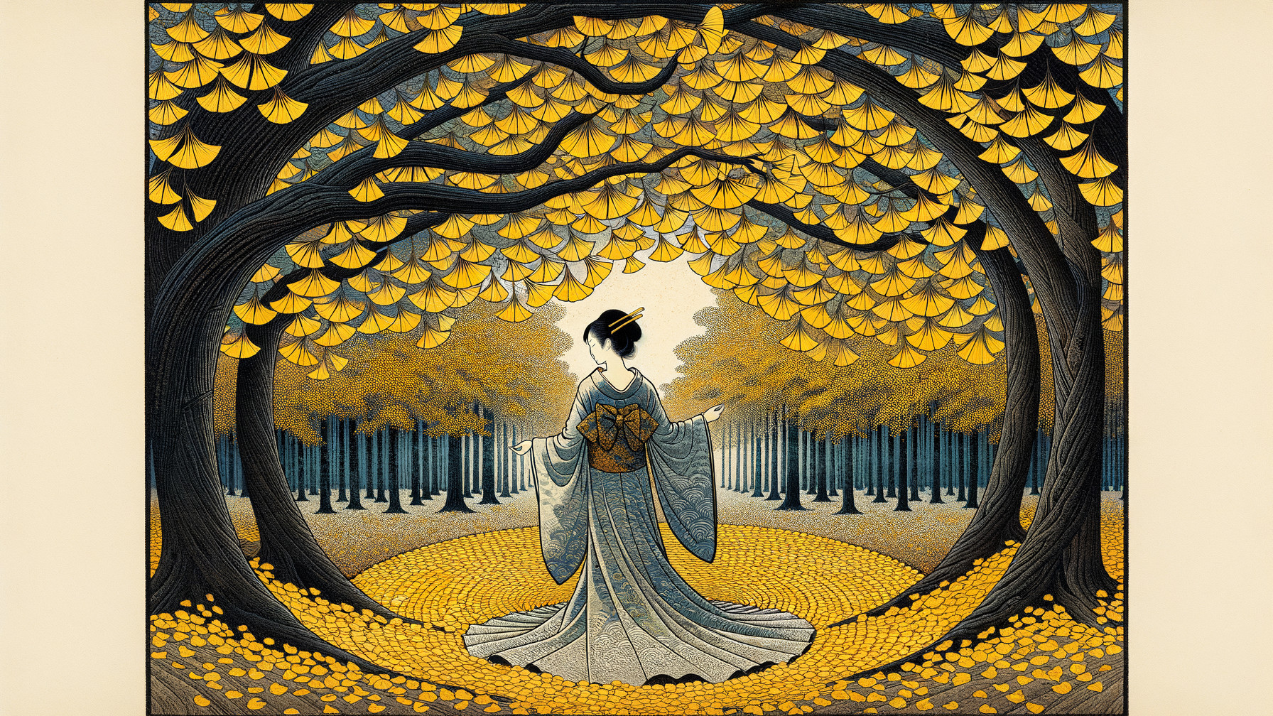 Traditional Kimono Amidst Golden Ginkgo Leaves