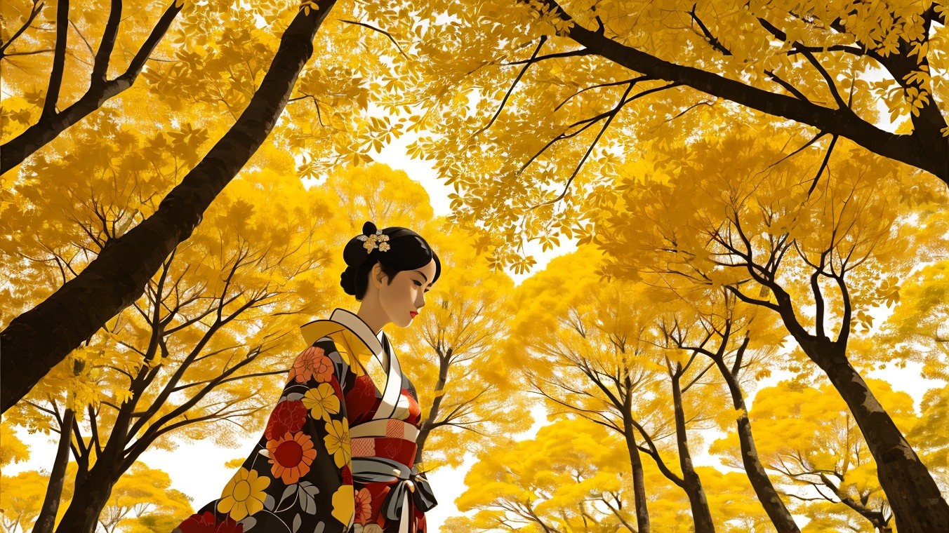 Woman in Kimono Surrounded by Autumn Trees