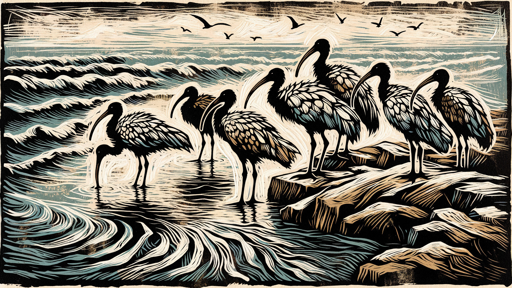 Coastal Scene with Herons and Tranquil Sky