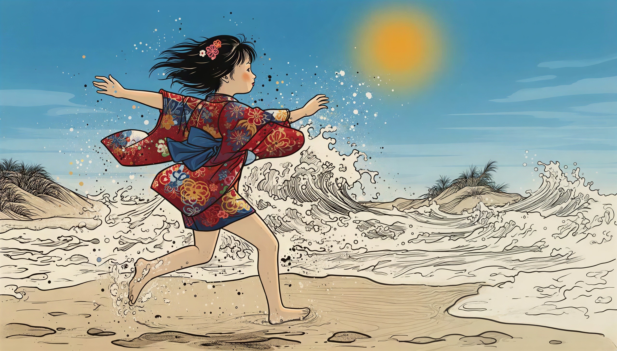 Japanese Child in Kimono Running on Sandy Beach