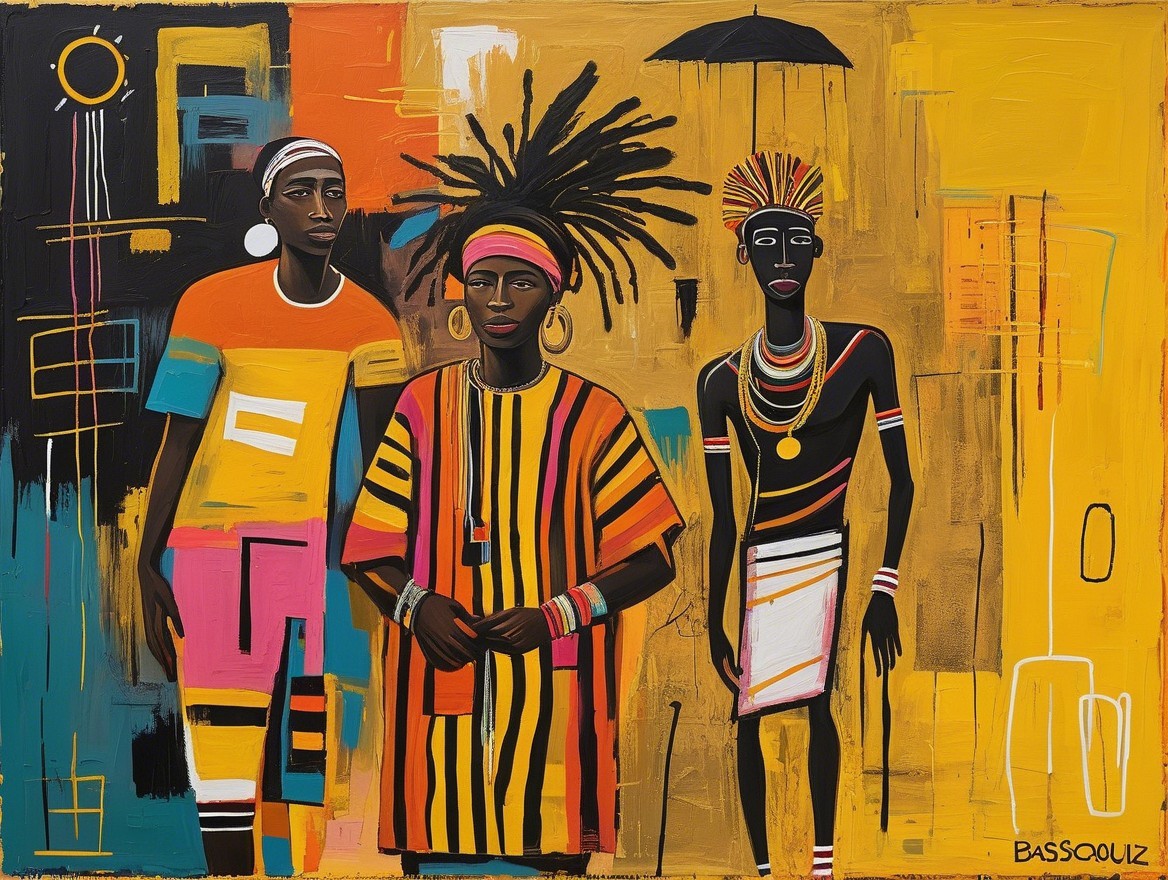 Three Figures in Colorful Attire with Abstract Background