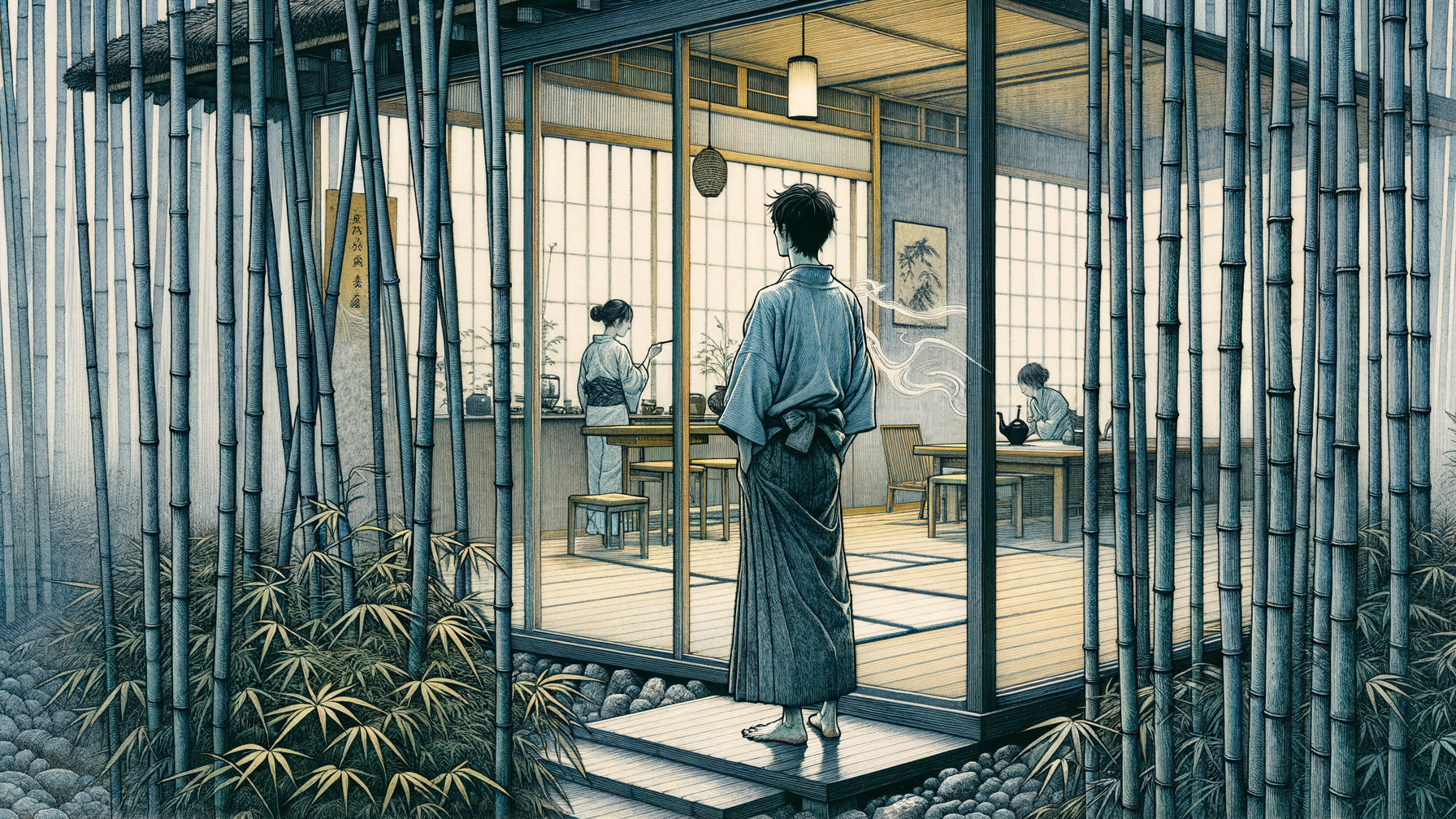 Traditional Japanese Tea House Surrounded by Bamboo