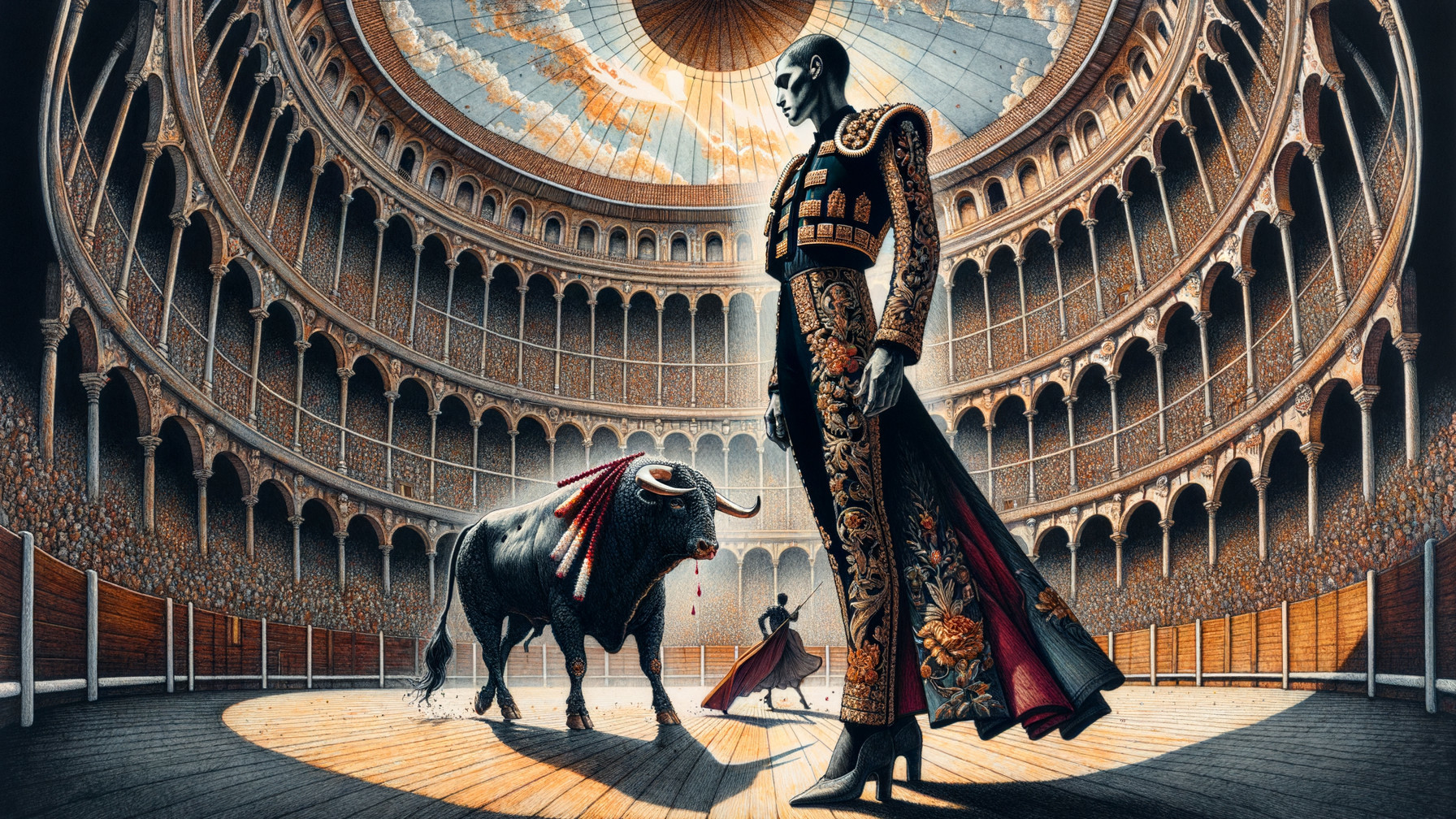Matador in Traje de Luces Faces Fierce Bull in Arena