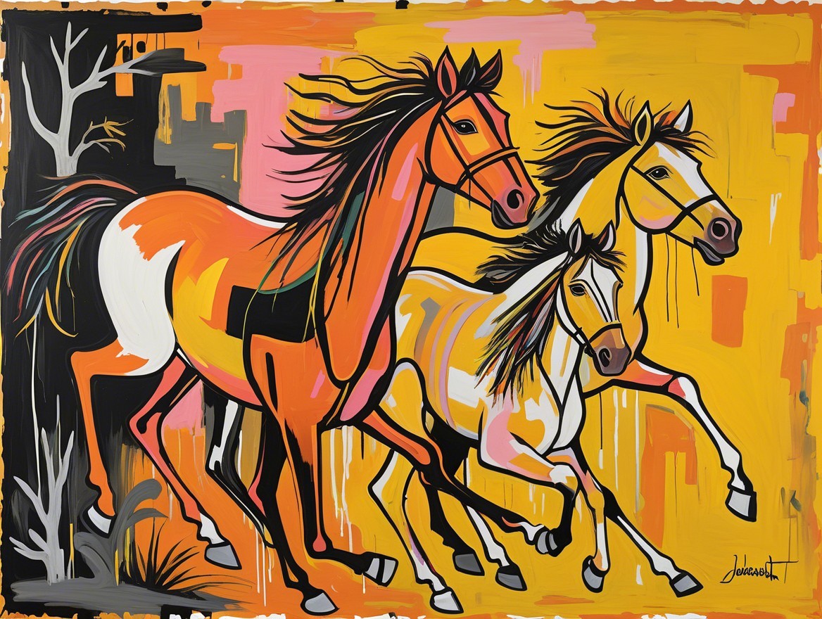 Vibrant Artwork of Three Galloping Horses in Bold Colors