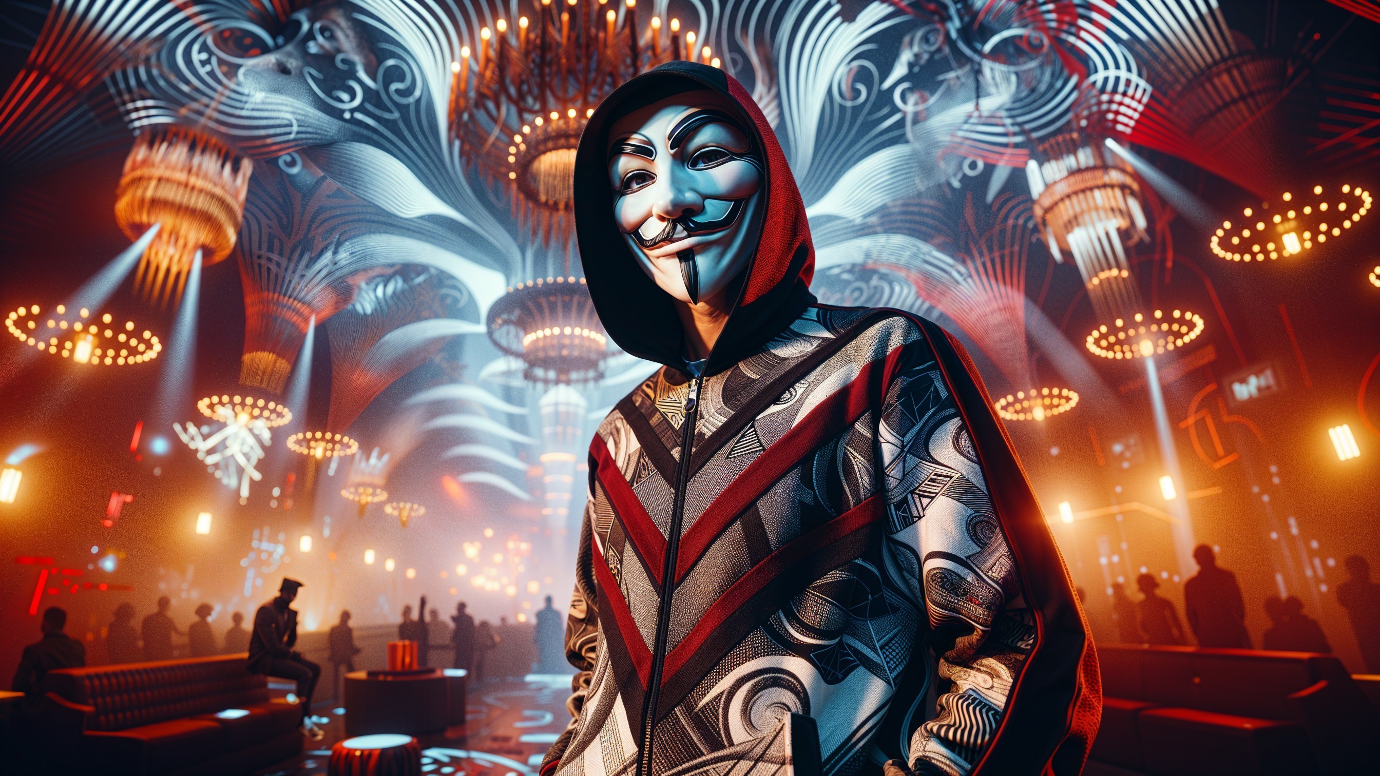 Futuristic Nightclub Scene with Masked Figure