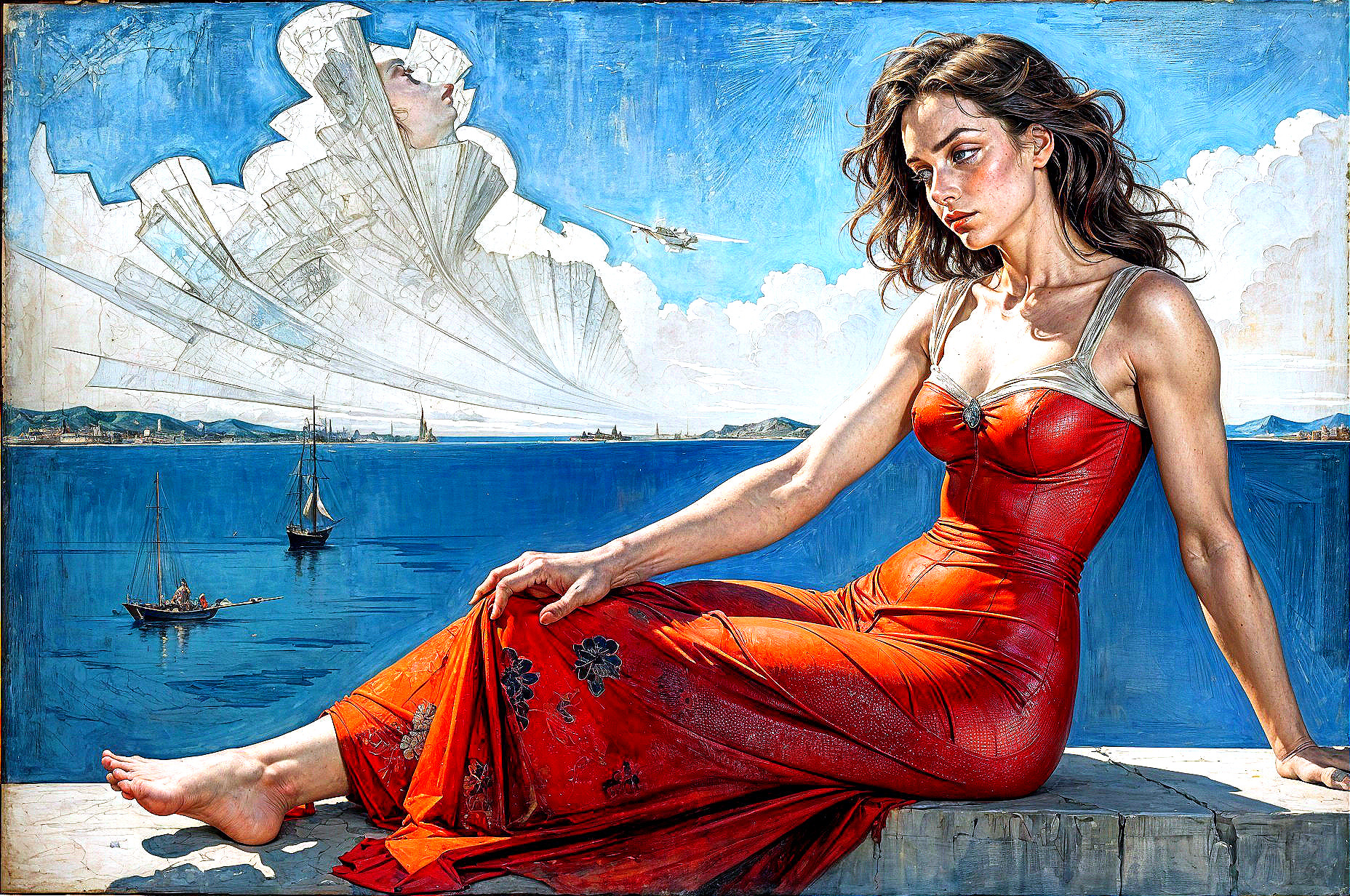 Contemplative Woman in Red Dress by the Sea