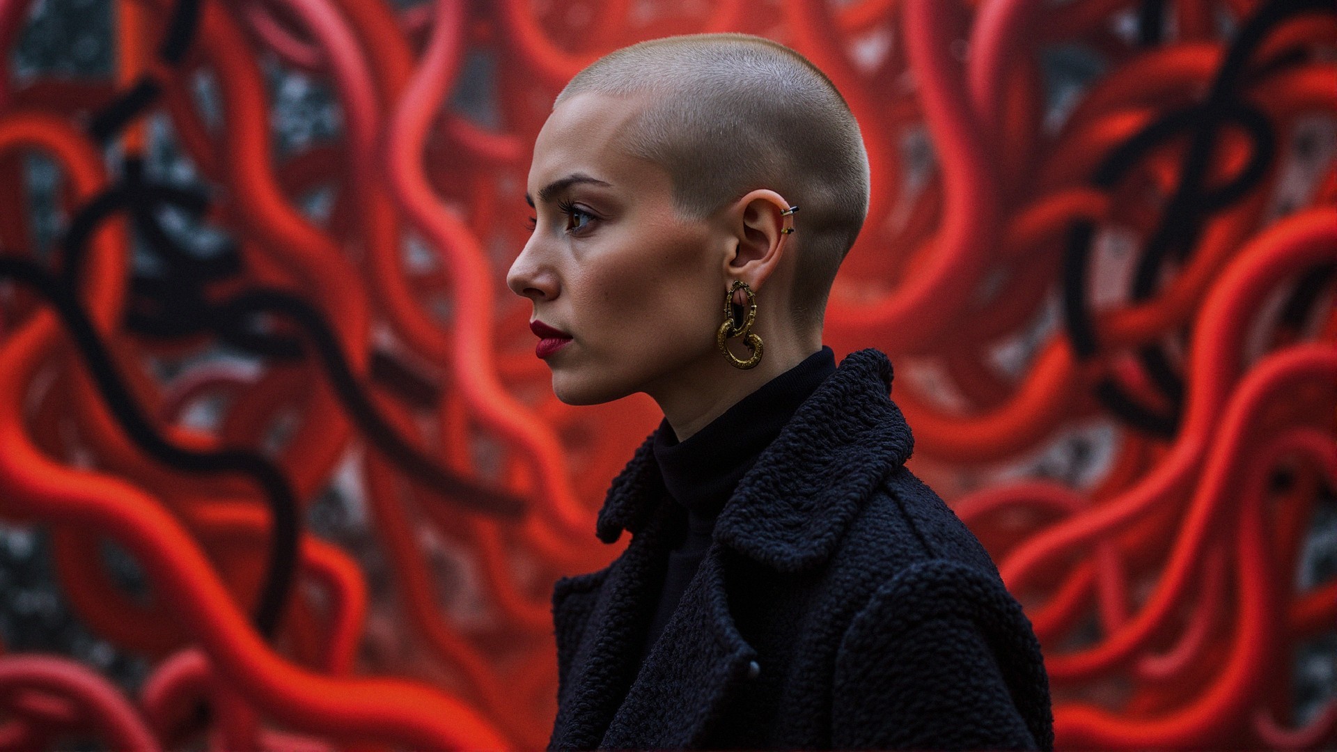 Woman with Shaved Head Against Red Abstract Background