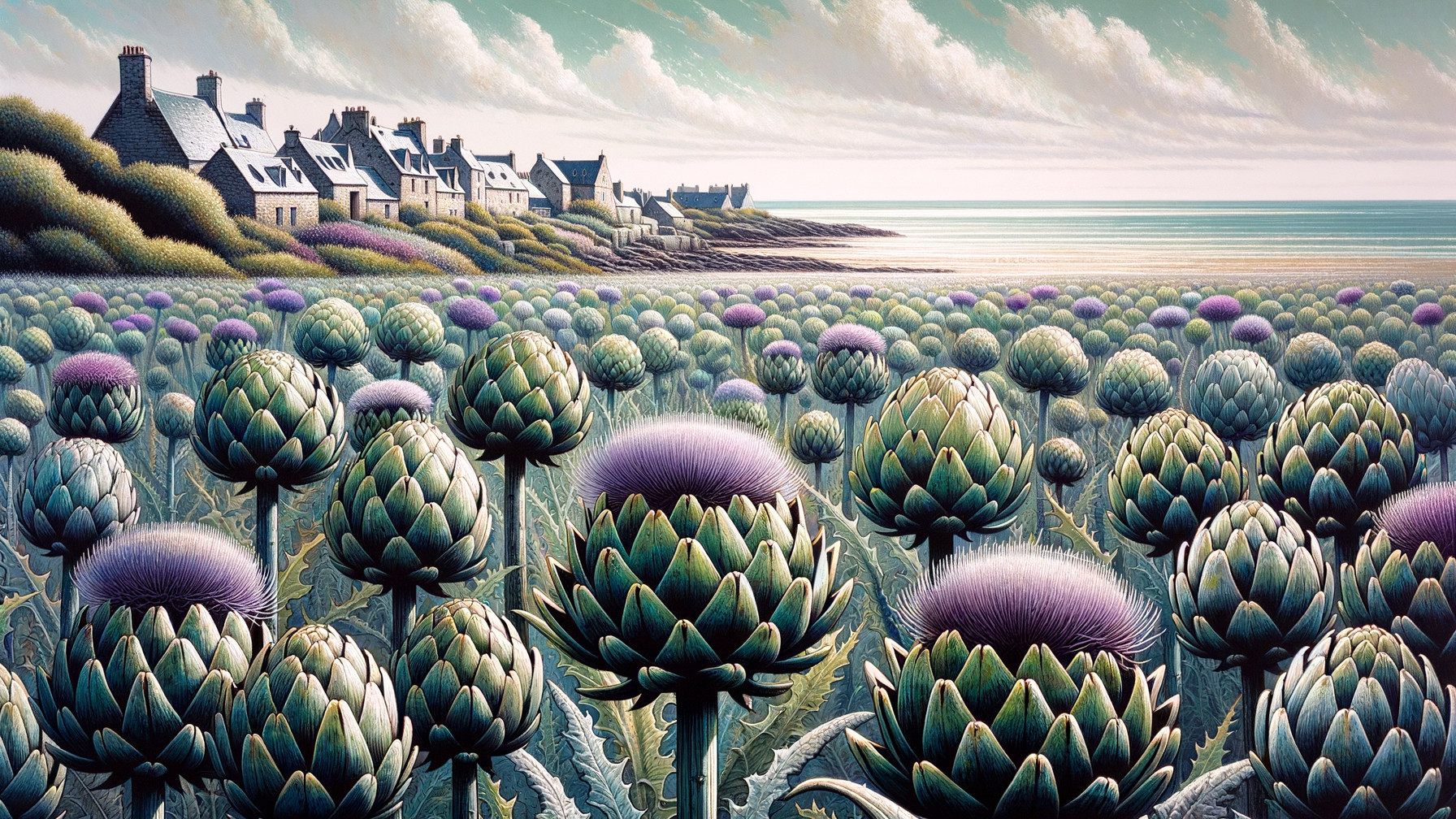 Coastal Scene with Artichoke Plants and Quaint Houses