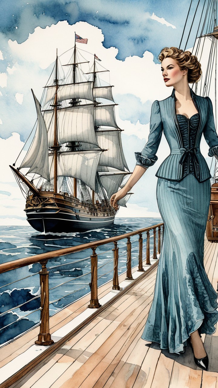 Graceful Woman in Vintage Blue Dress on Ship Deck