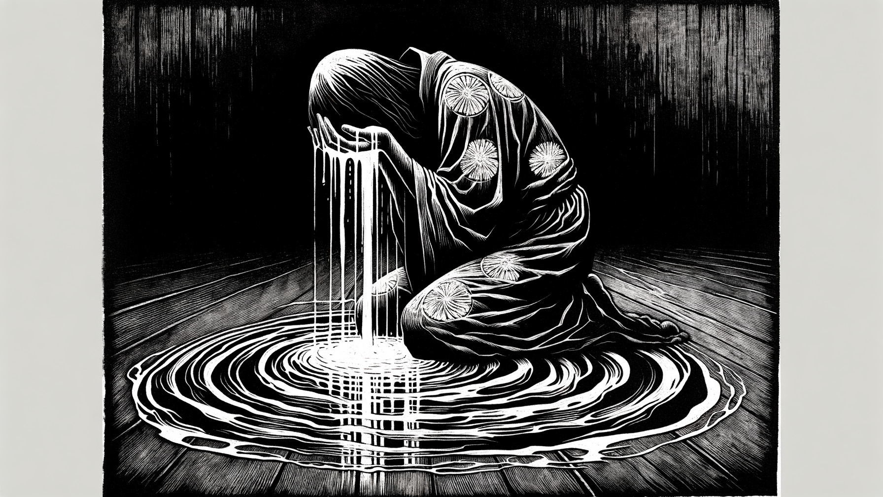 Figure in patterned garment kneeling by swirling water