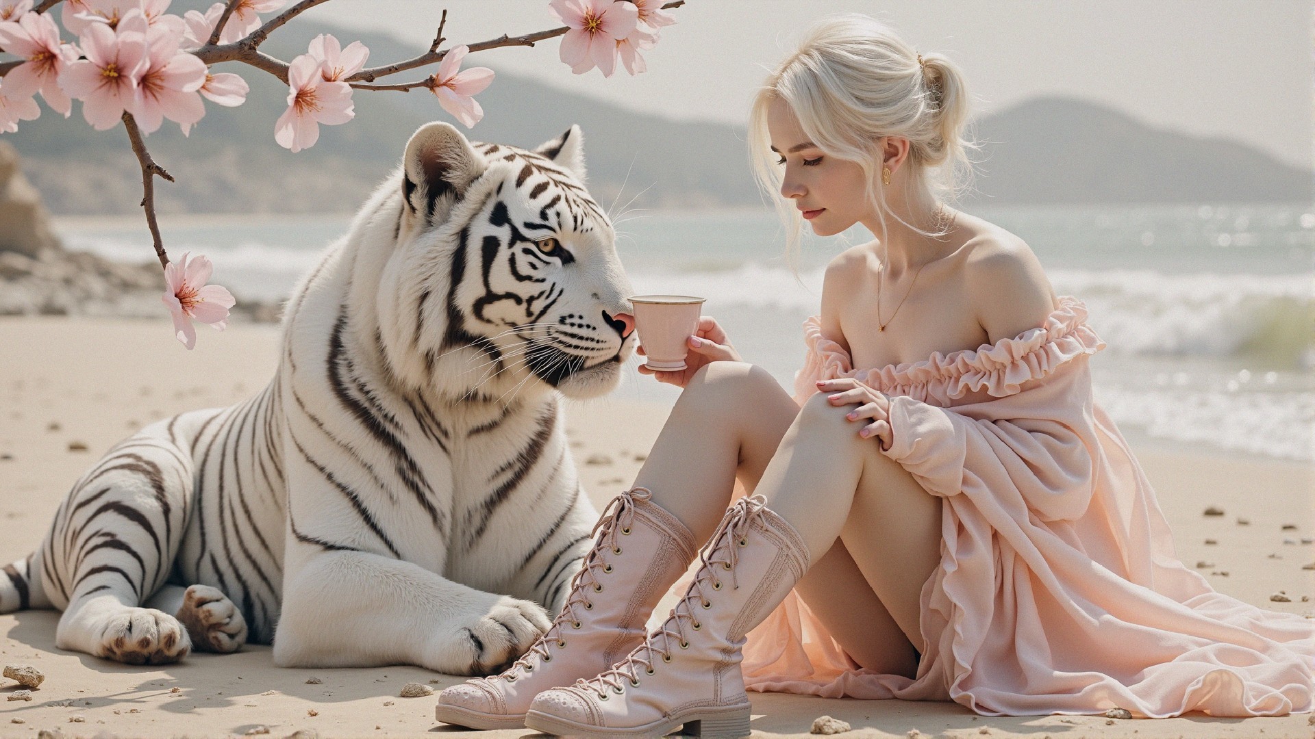 Serene Beach Scene with Young Woman and White Tiger