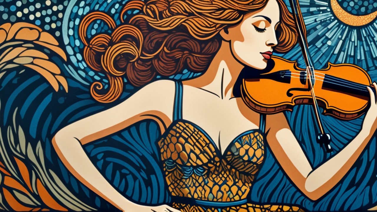 Woman with Red Hair Playing Violin in Vibrant Dress