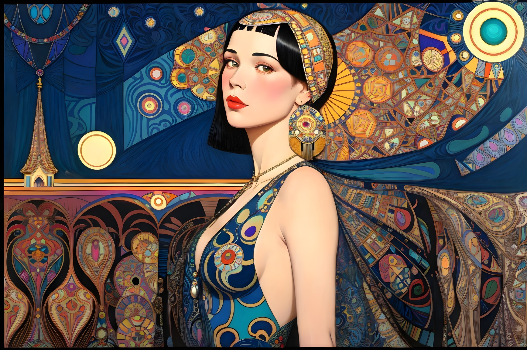 Stylized portrait of a woman in art nouveau setting