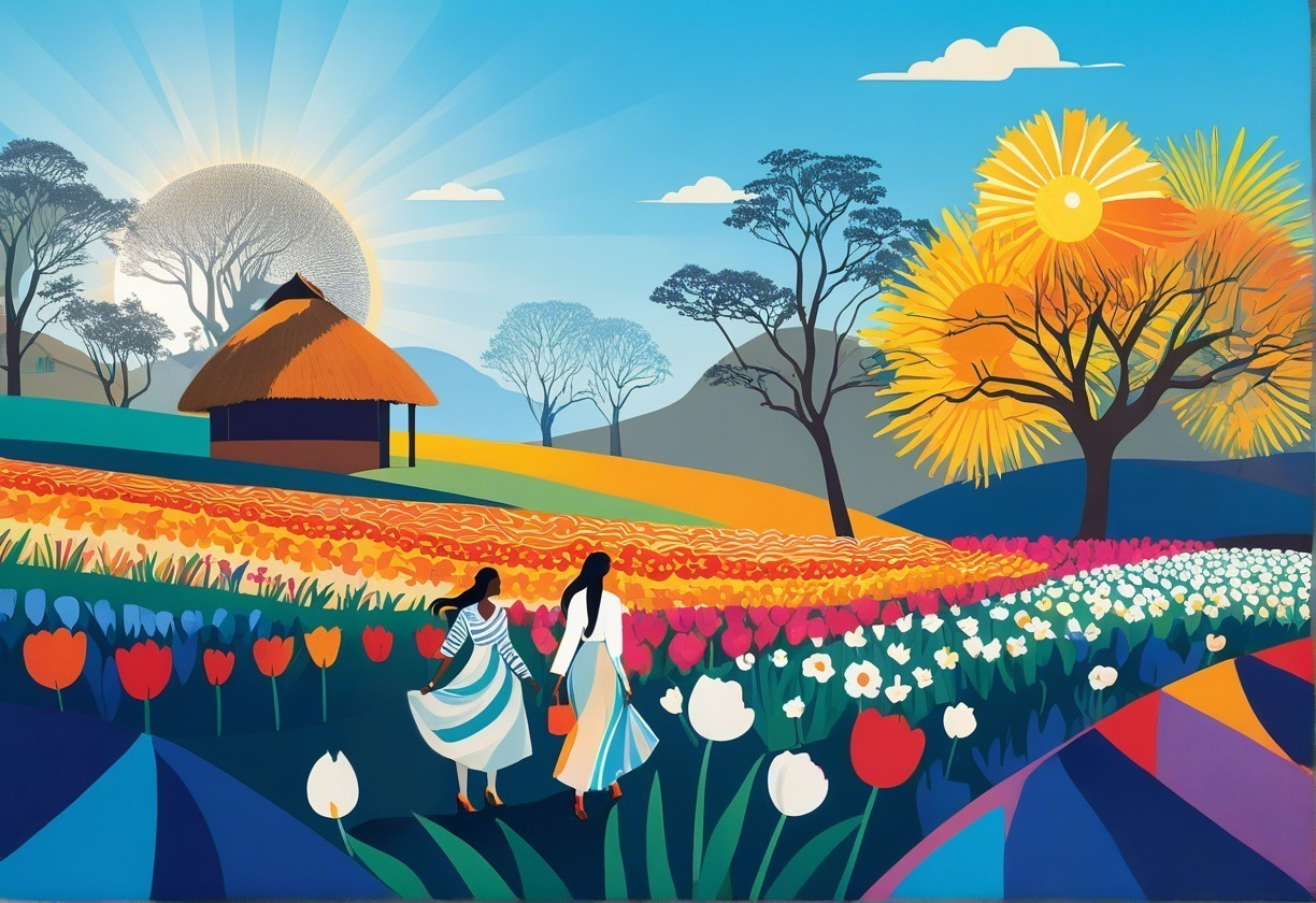 Colorful Landscape with Women in Tulip Field