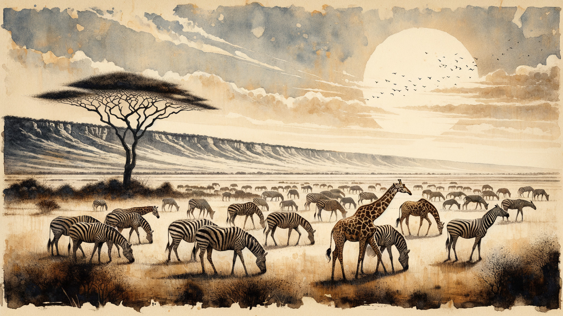 Serene African Savanna Landscape at Sunset with Wildlife