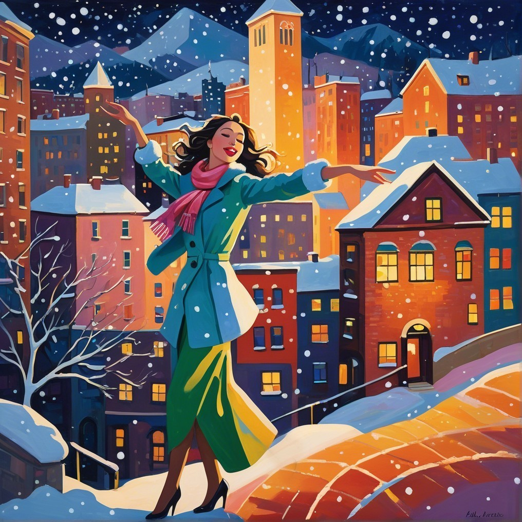 Cheerful woman dancing in snowy cityscape with mountains