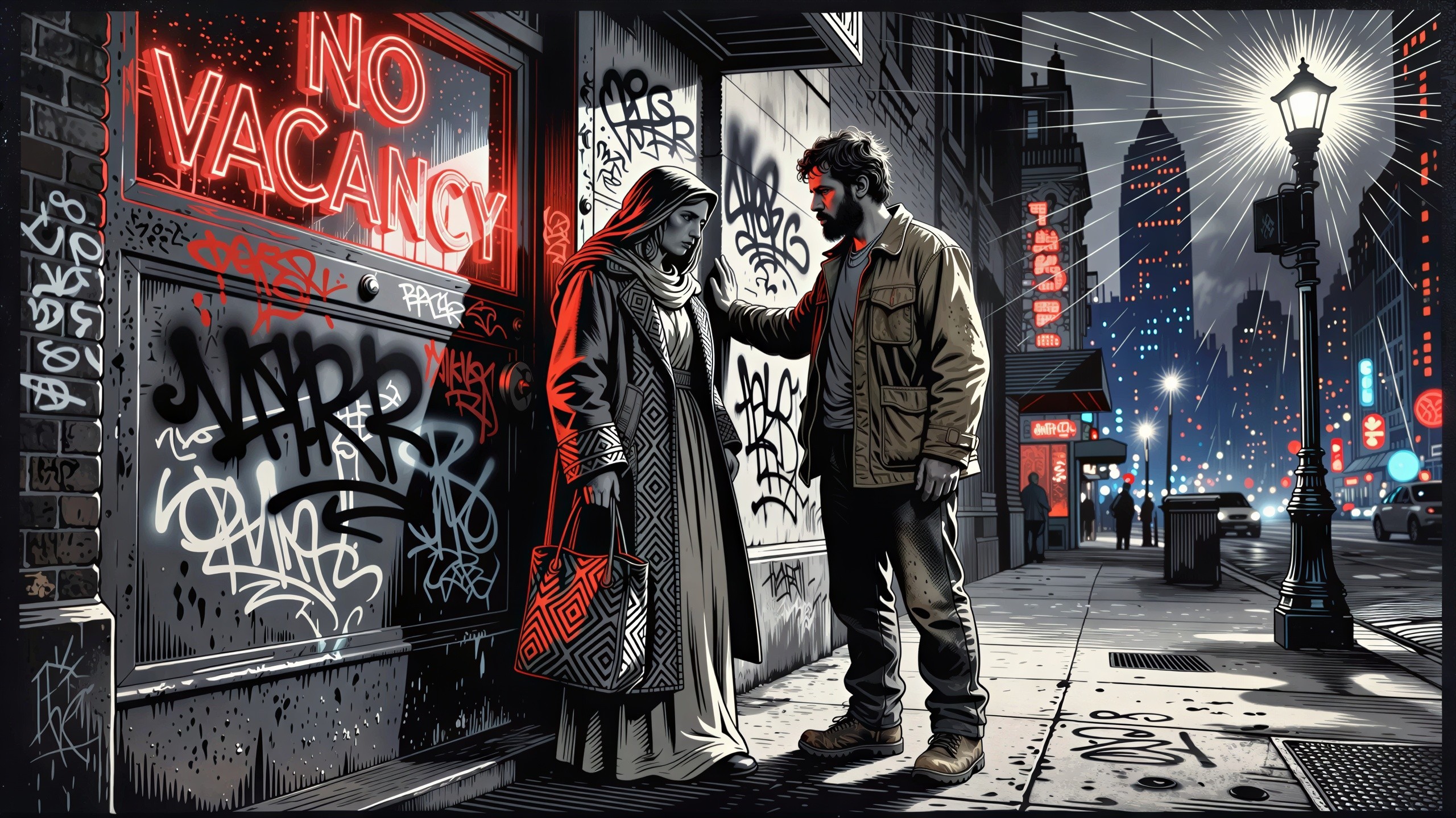 Monochromatic Comic Book Couple at Night Scene