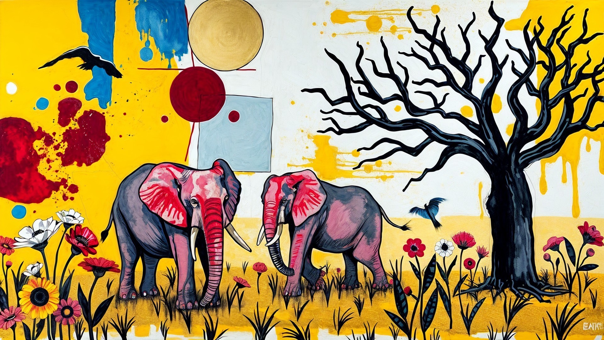 Vibrant Elephants in Colorful Abstract Landscape