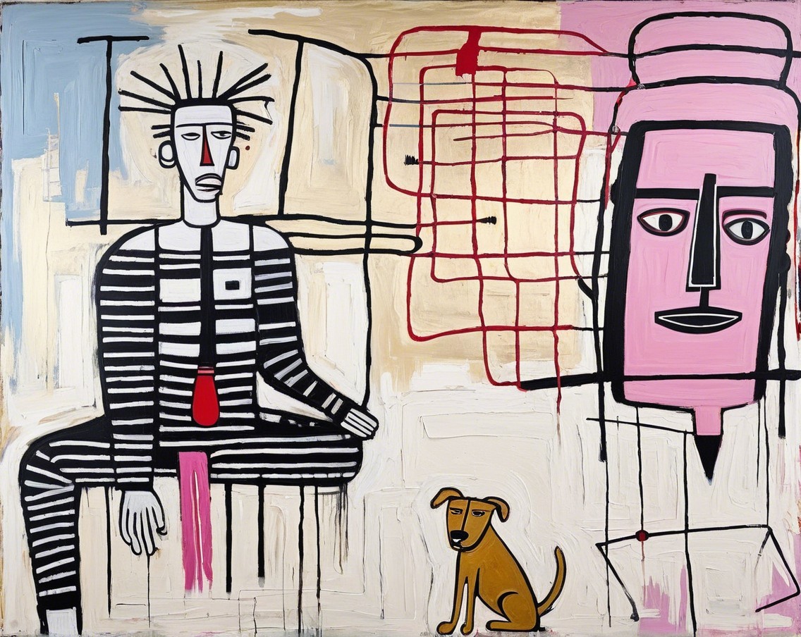 Stylized Seated Figure with Abstract Face and Dog