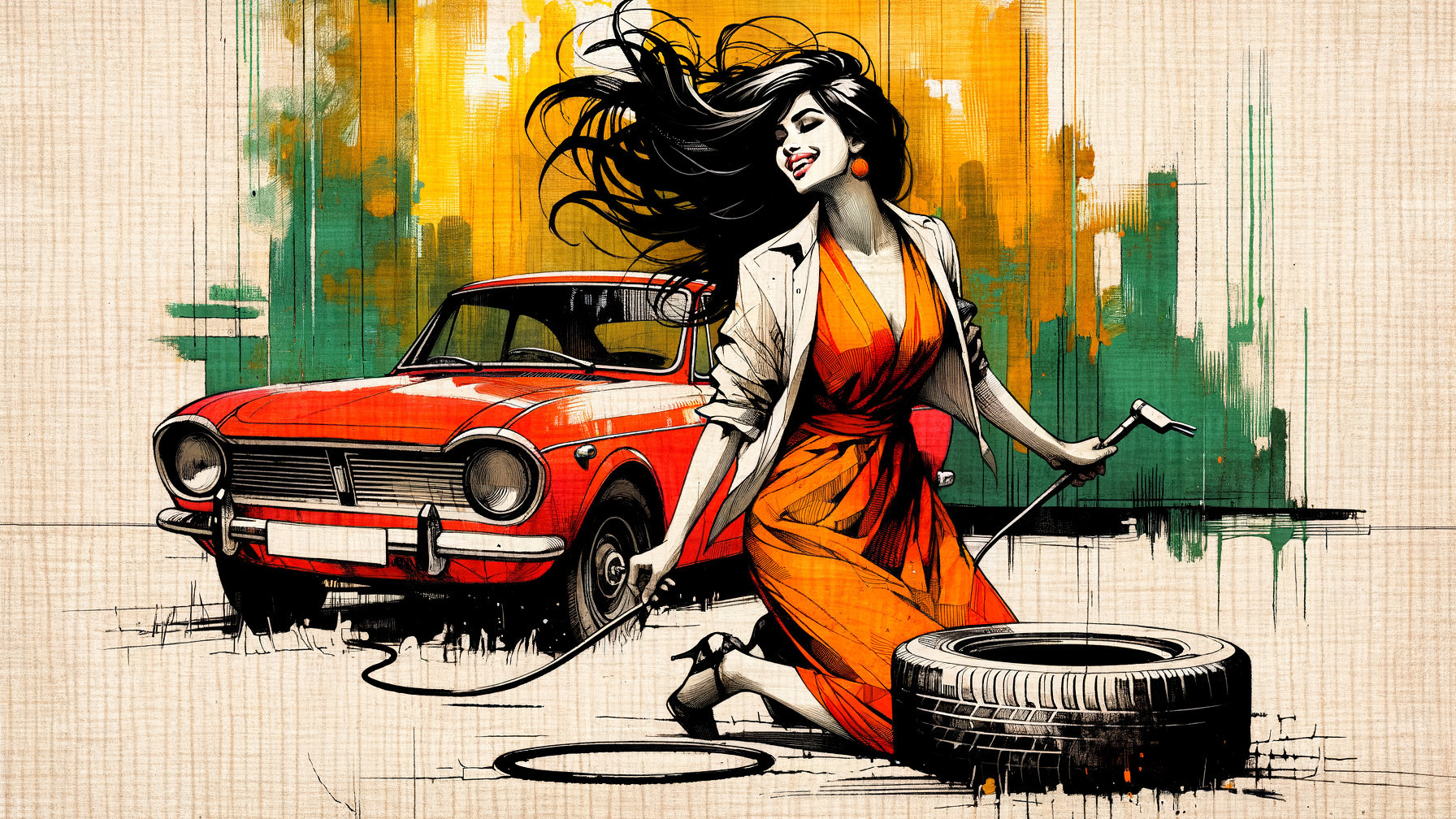 Woman in Orange Dress Inflating Tire by Classic Car
