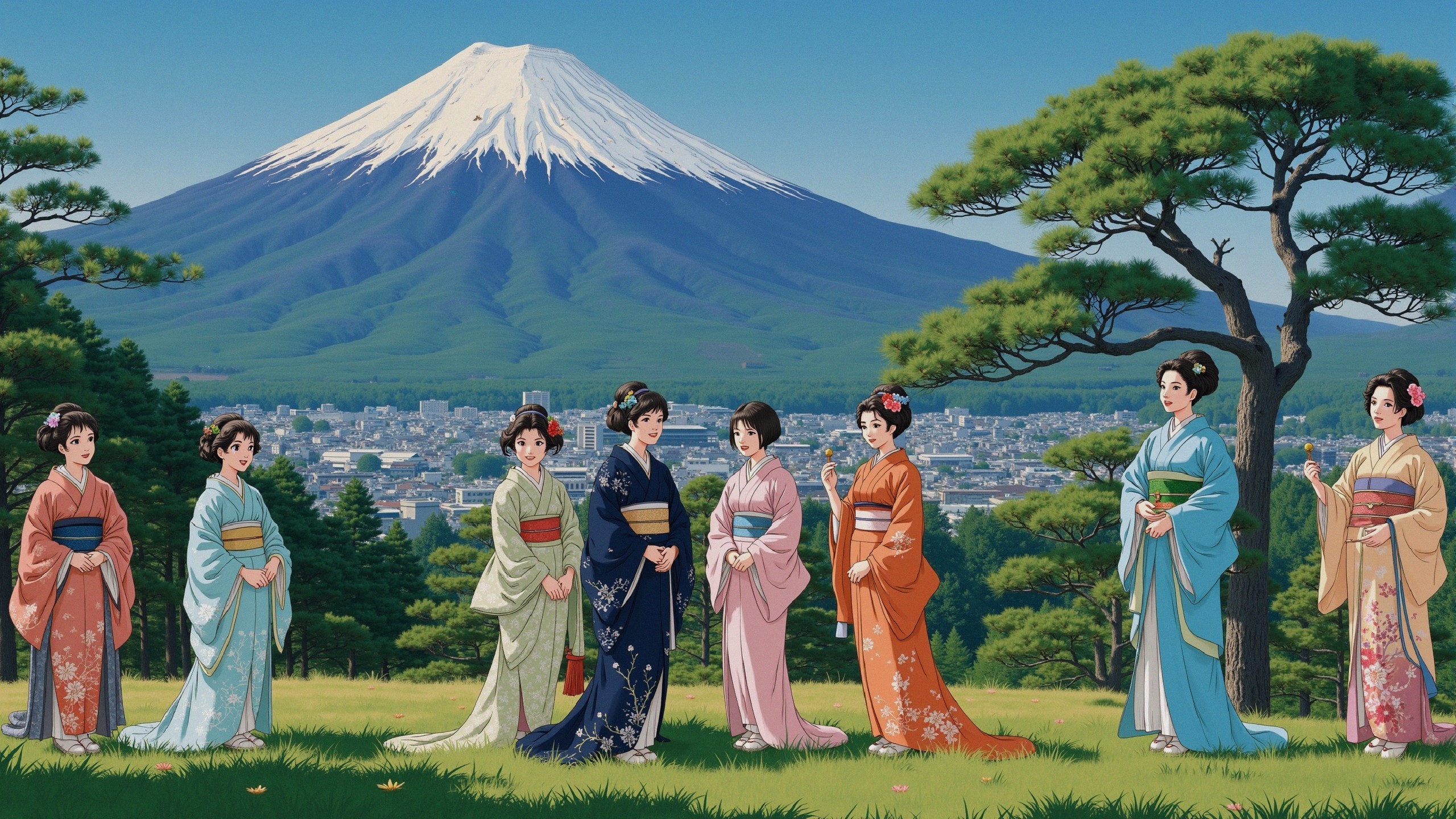 Elegant Women in Kimonos with Mount Fuji Backdrop
