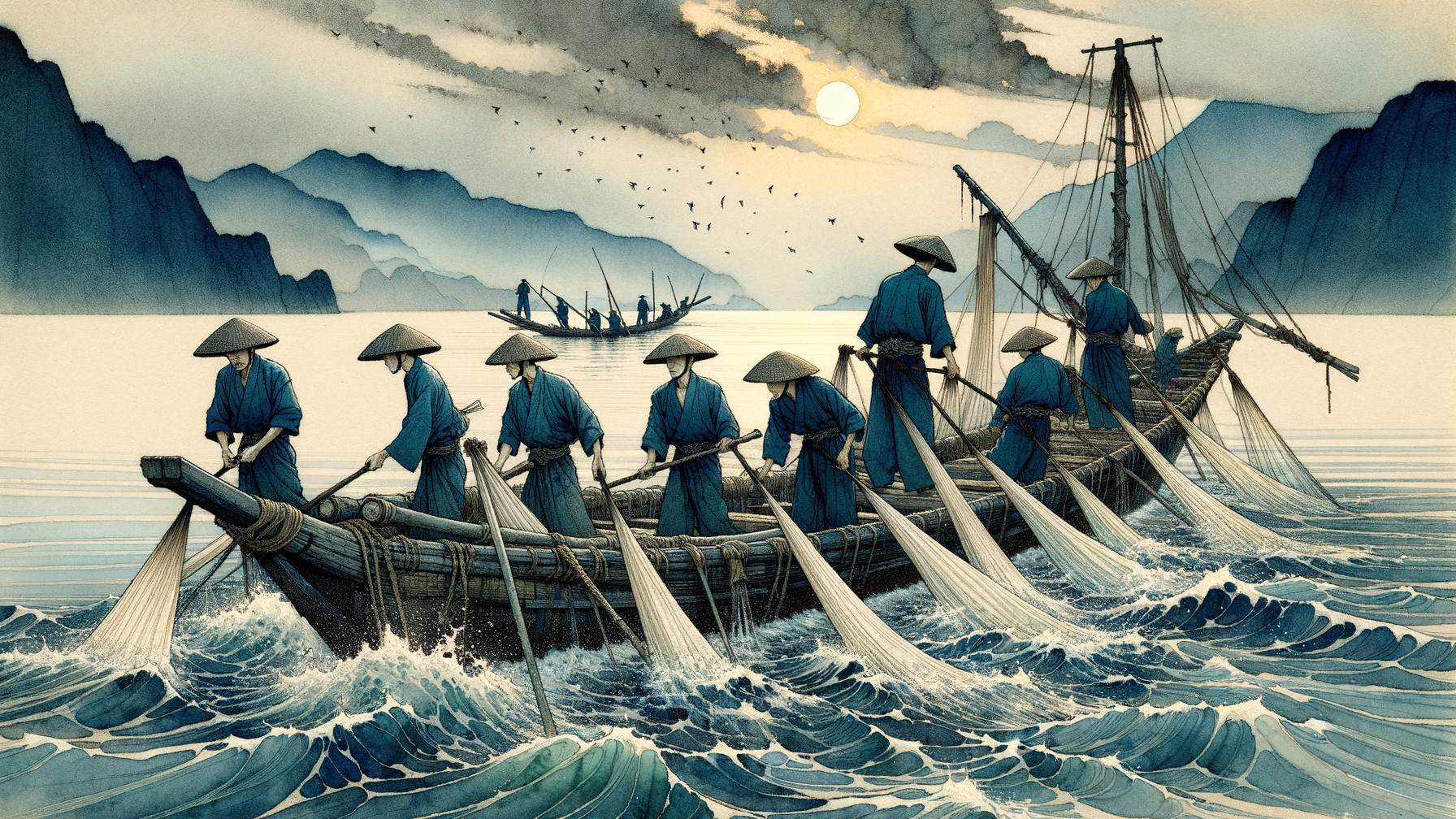 Traditional Fishing Scene on a Serene Riverscape