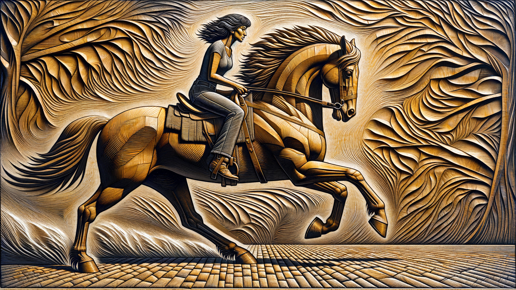 Dynamic Relief of Woman Riding Horse in Mid-Gallop