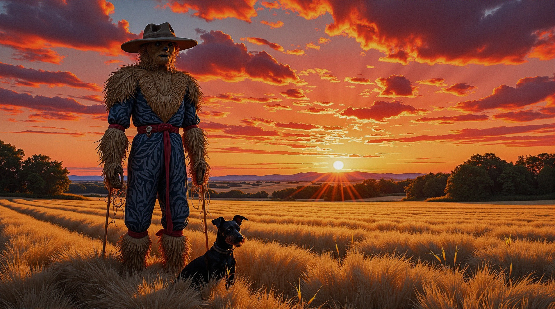 Scarecrow in Wheat Field at Sunset with Dog