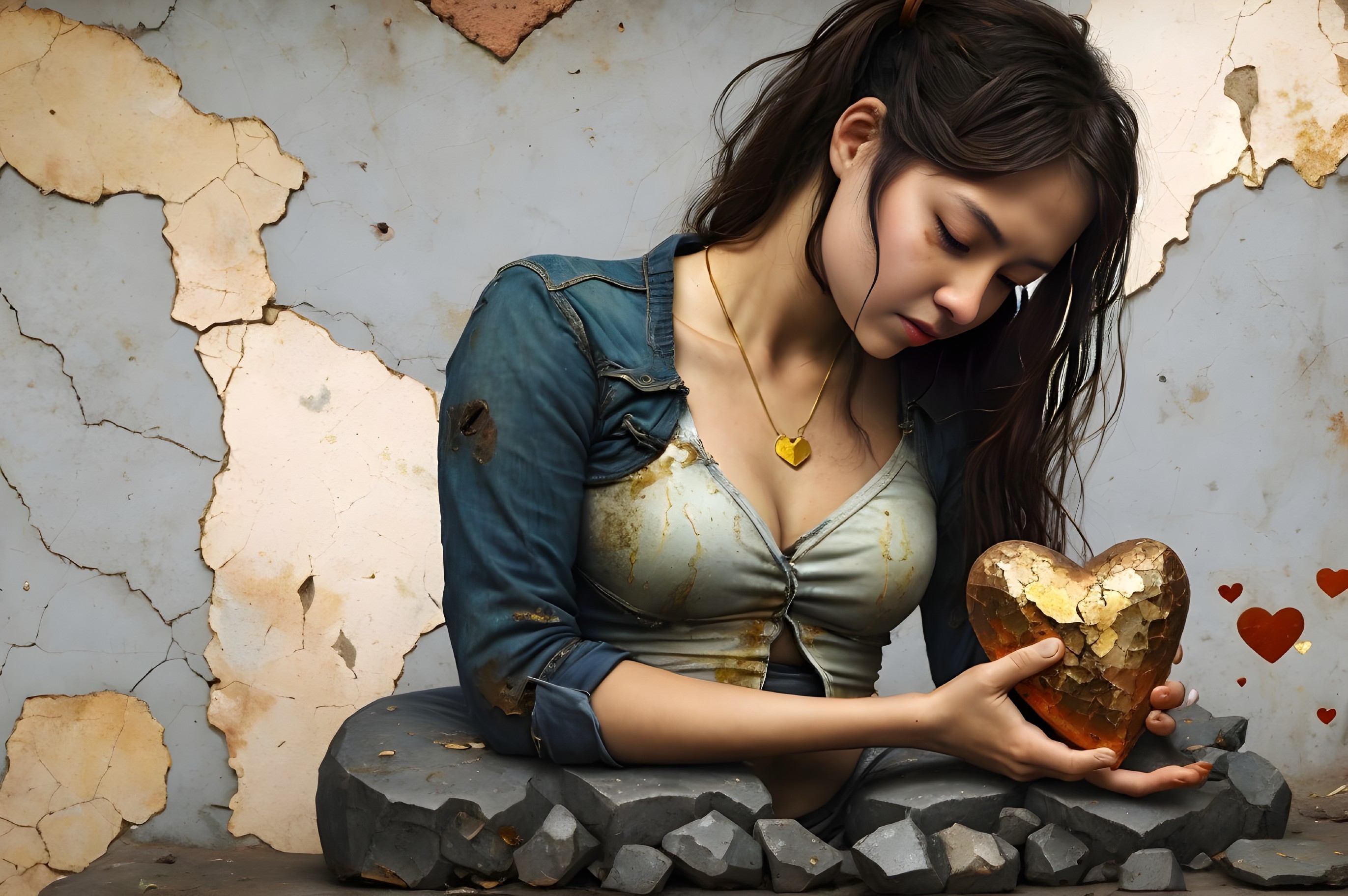 Woman in blue shirt holding cracked golden heart by peeling wall.