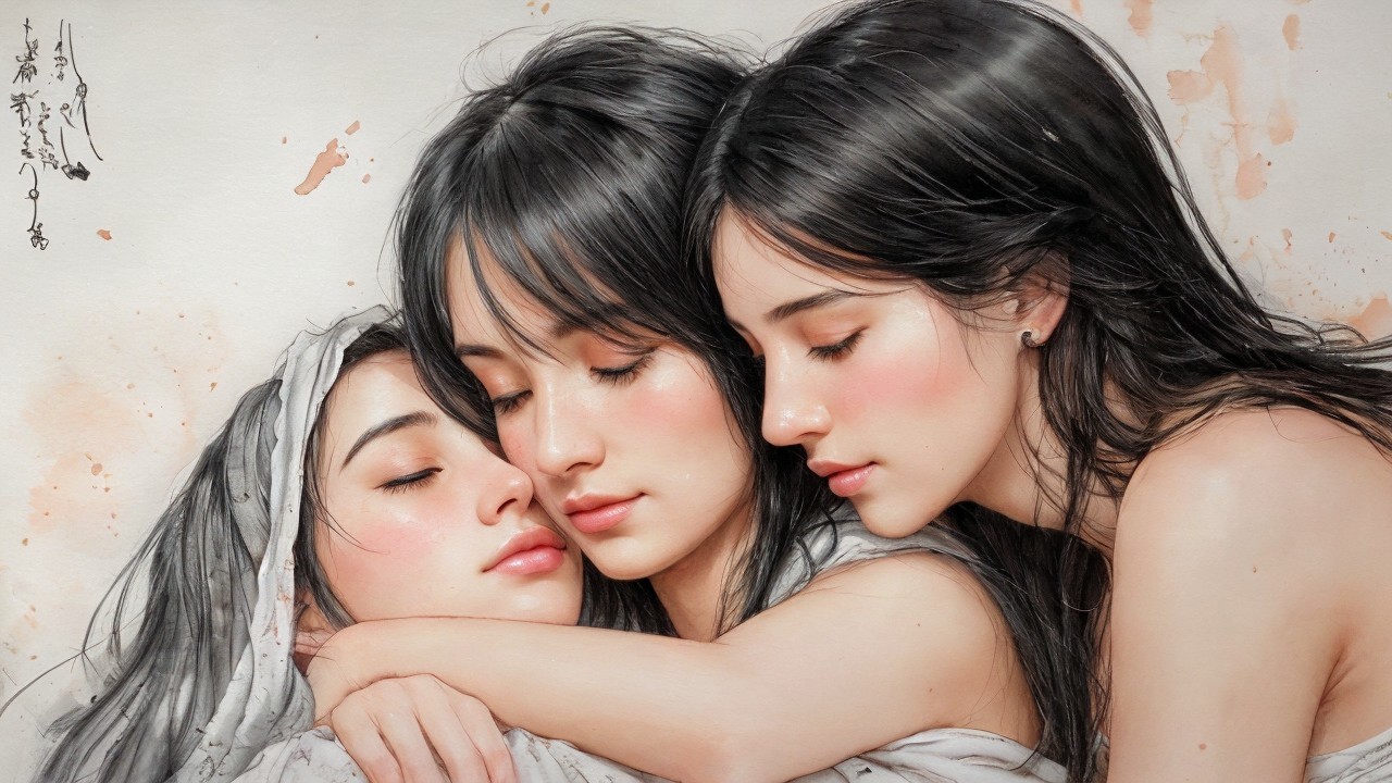 Three Young Women in Intimate Embrace with Soft Lighting