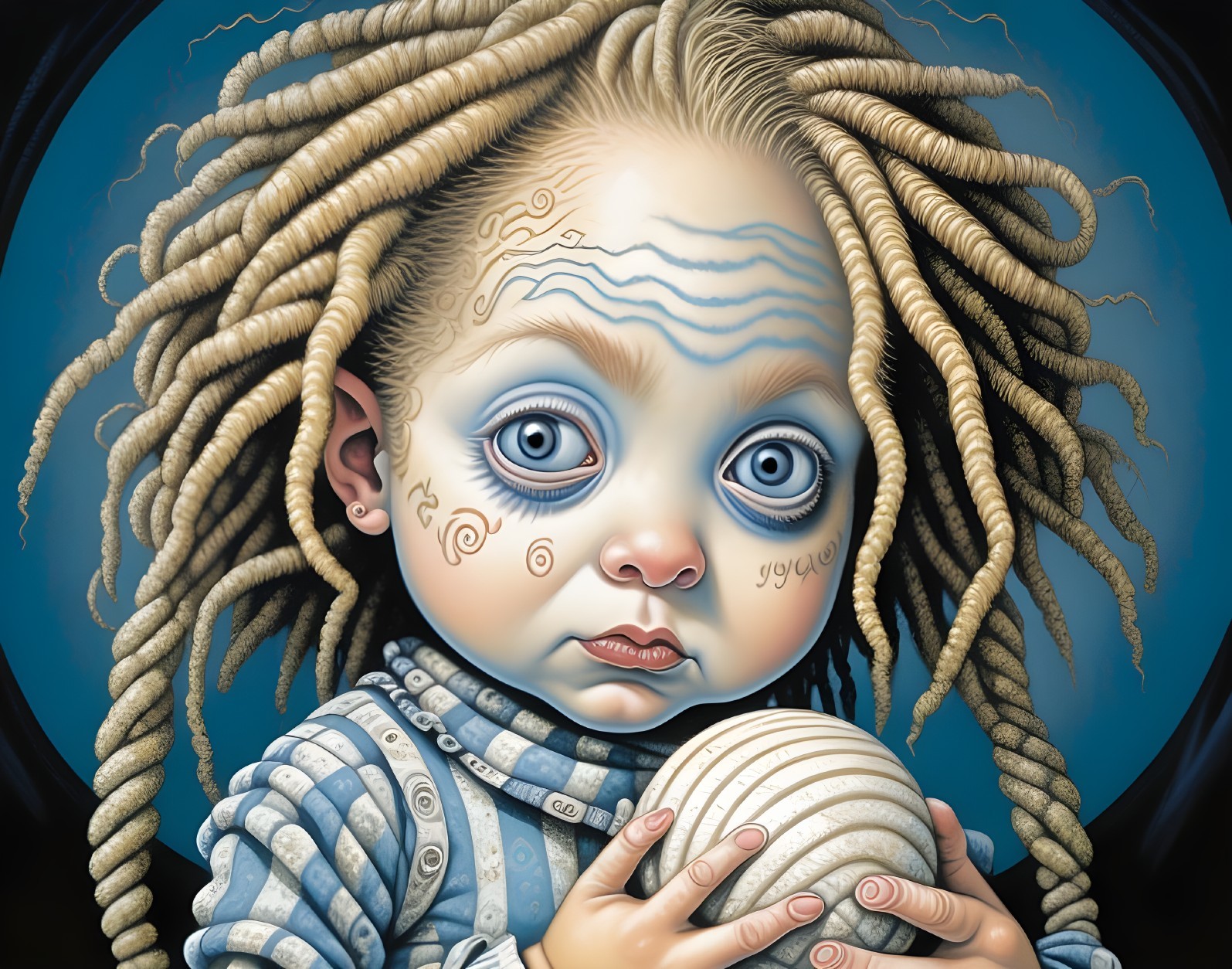 Surreal Doll-Like Child with Tattoos and Dreadlocks