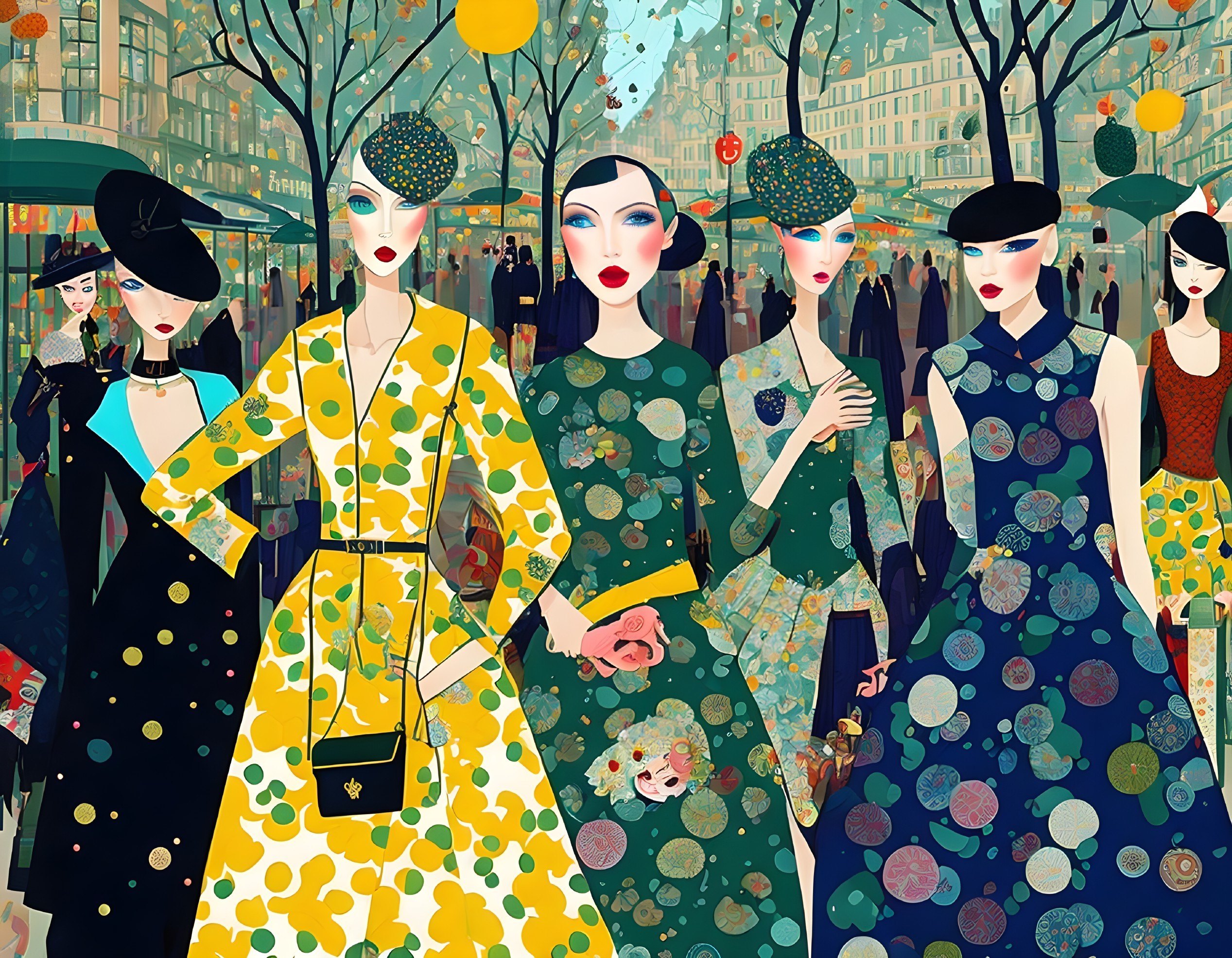 Stylized Illustration of Elegant Women in Chic Outfits