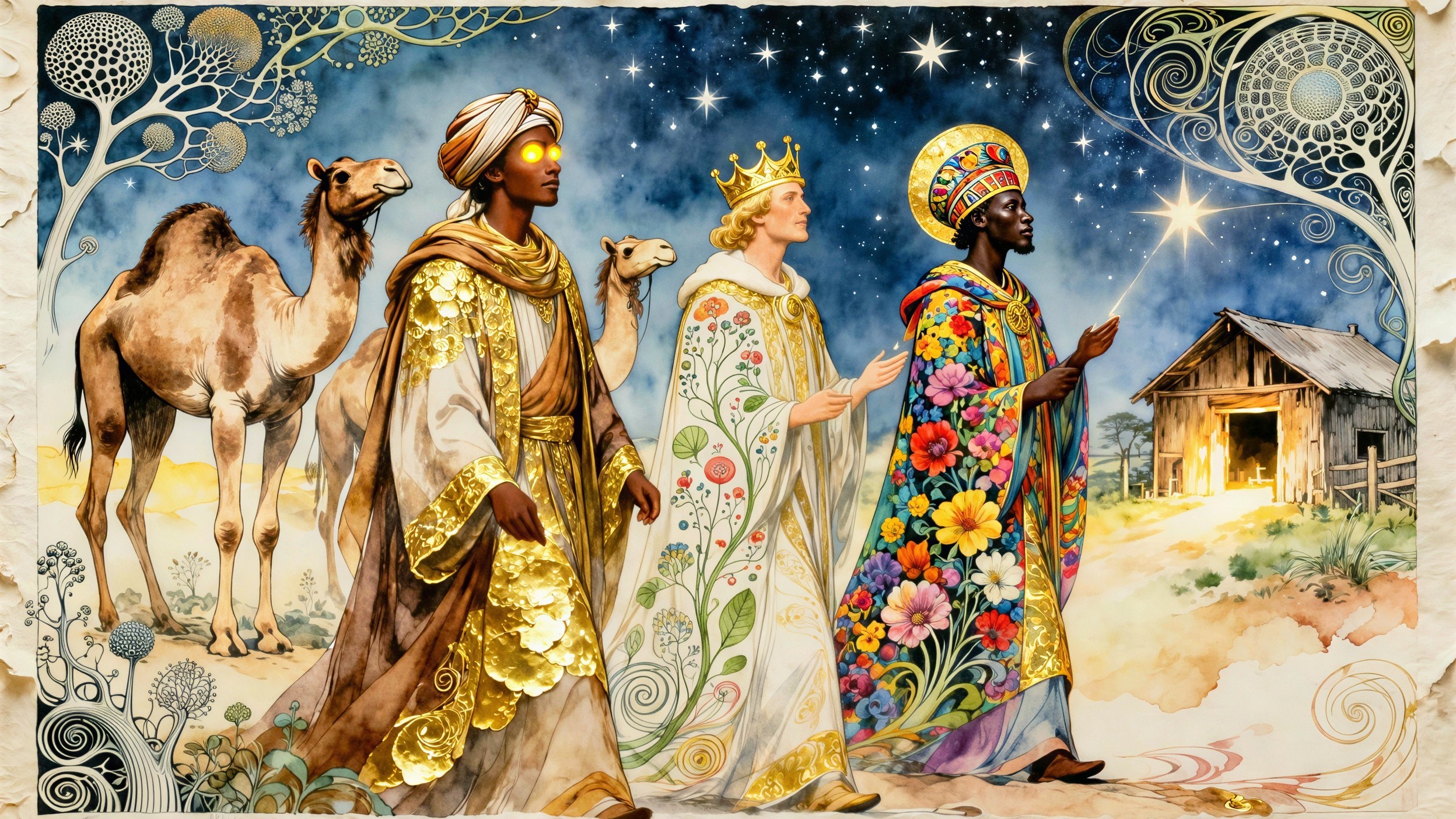 Watercolor of the Three Wise Men in a Desert Night