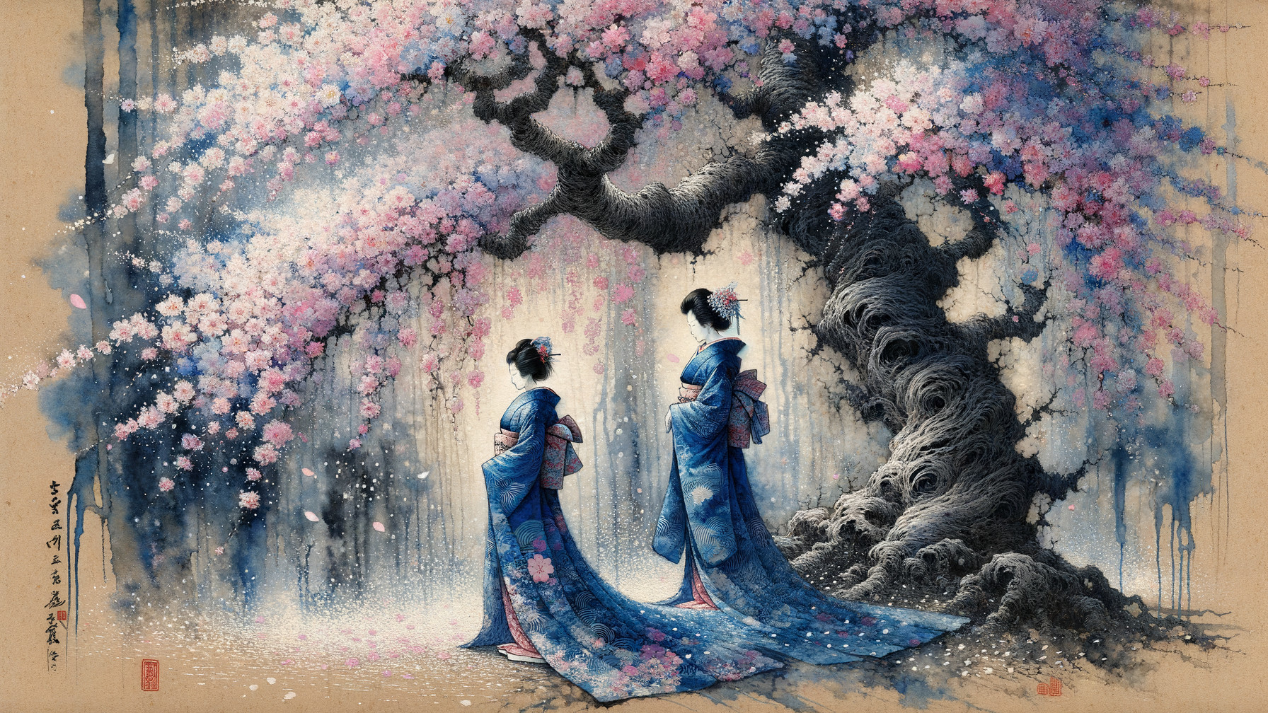 Ukiyo-e Watercolor of Geishas Under Cherry Blossoms
