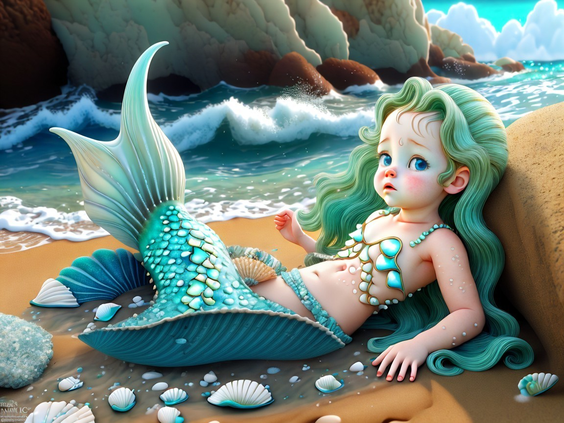 Whimsical Young Mermaid on Sandy Beach Scene