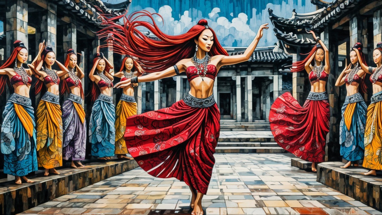 Artistic Illustration of Dancers with Colorful Attire