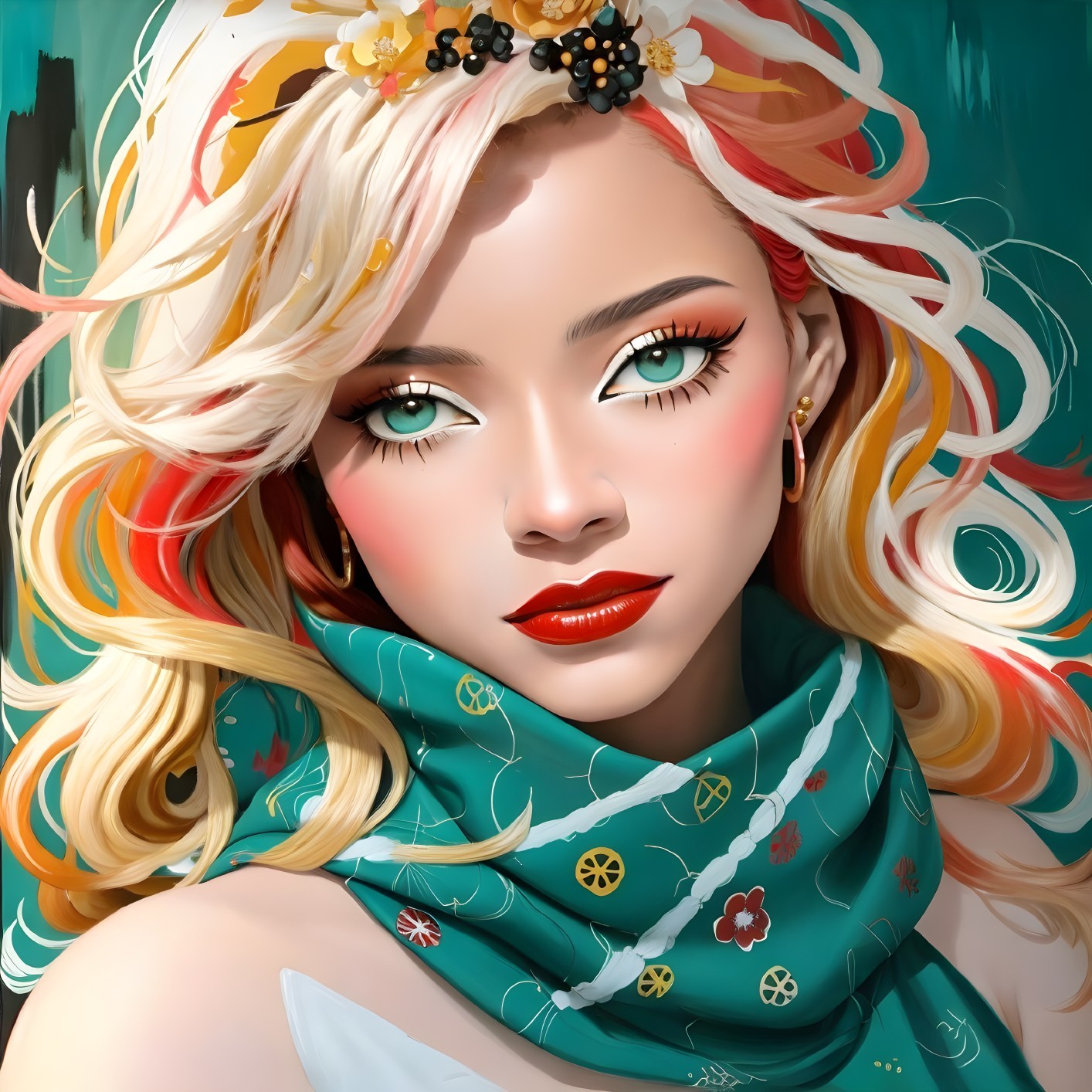 Portrait of a Woman with Blonde Hair and Floral Accents