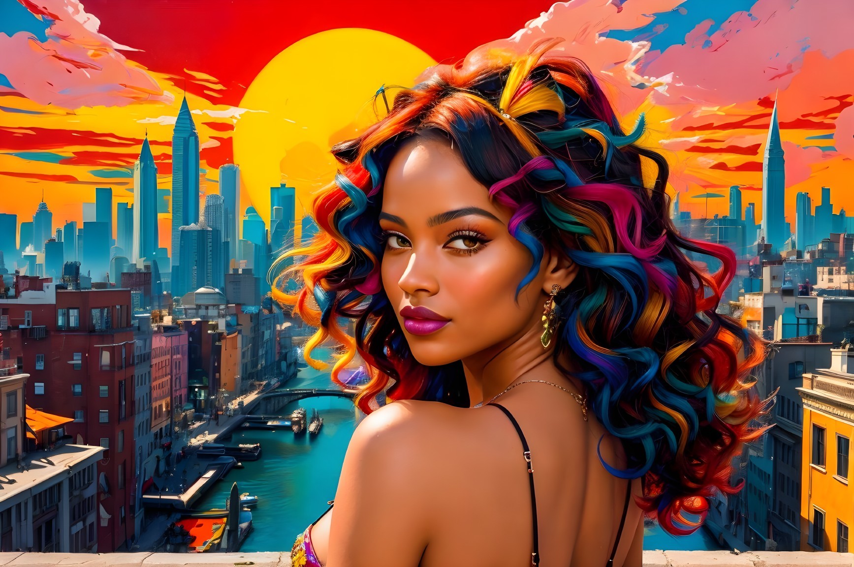 Woman with Colorful Hair Overlooking City Skyline