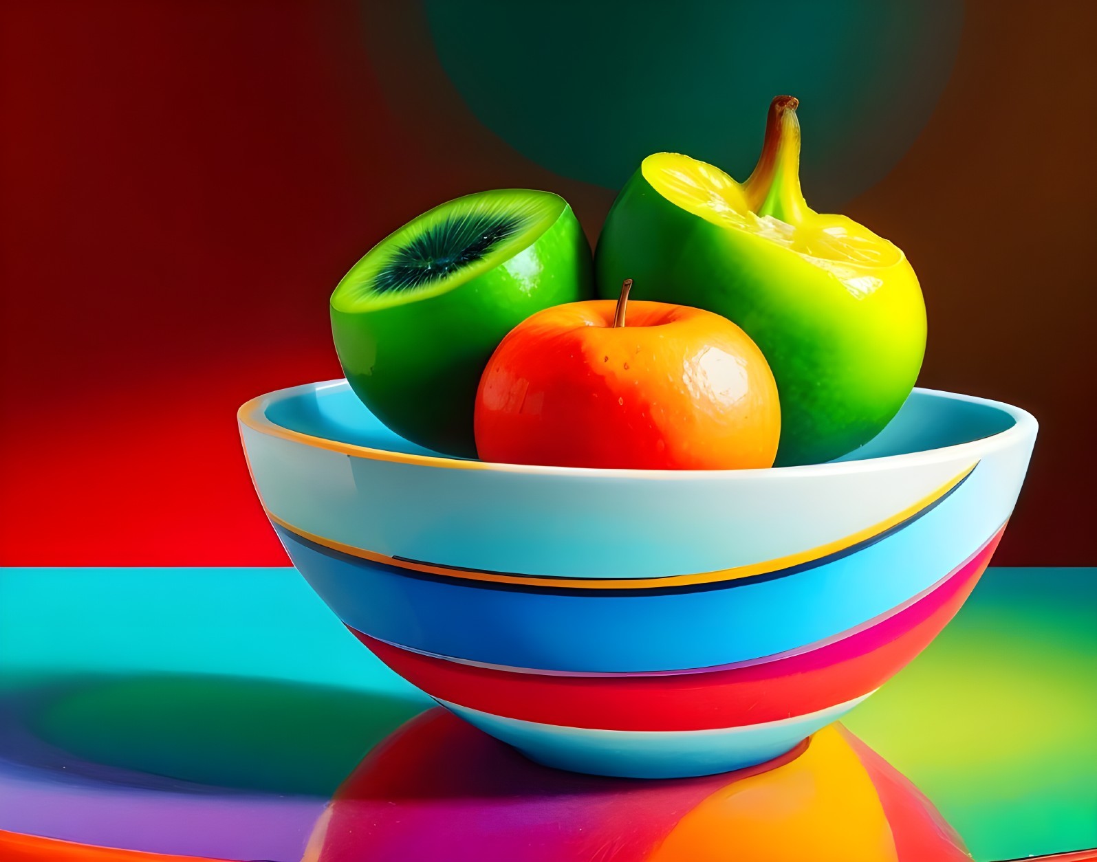 Stacked Colorful Bowls with Glossy Fruit Display