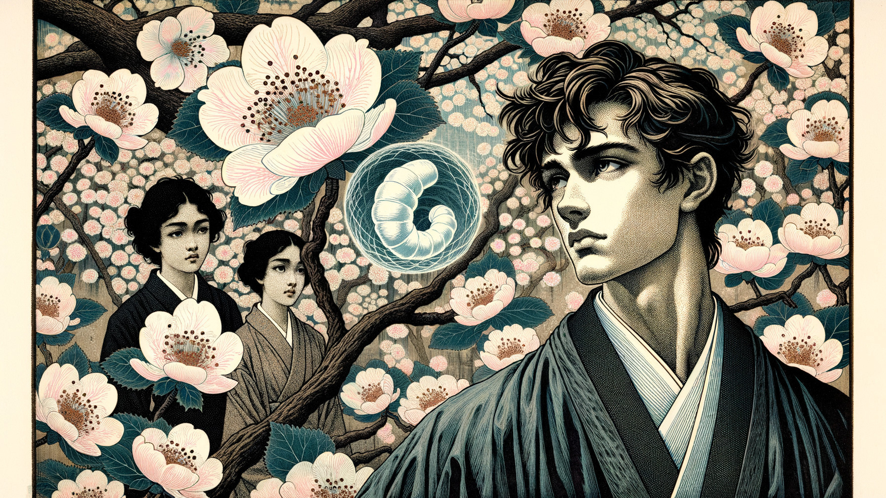 Young man in traditional attire among cherry blossoms