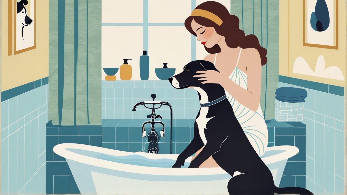Woman Bathing Dog in Vintage Bathtub with Pastel Tiles