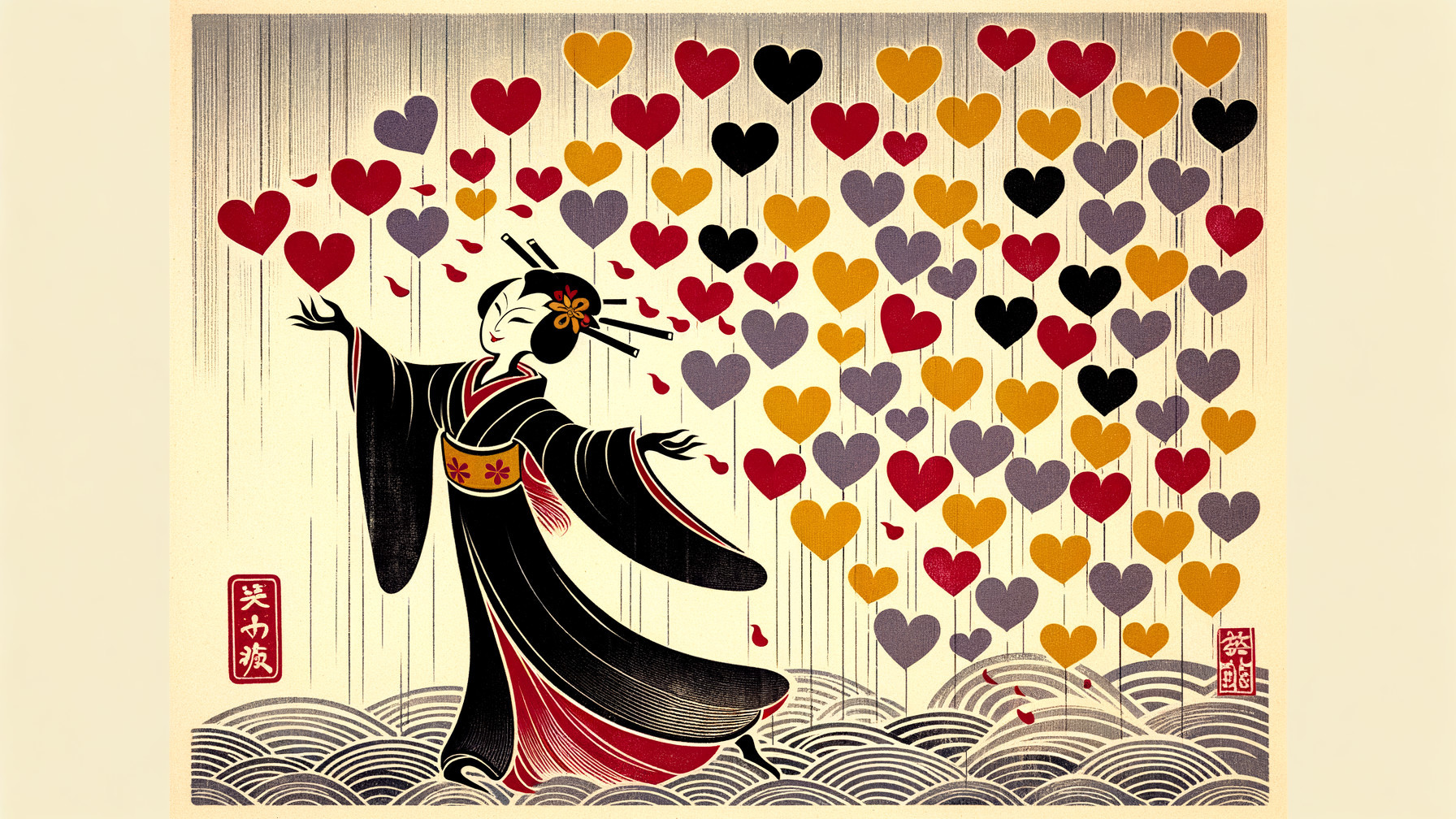 Traditional Kimono Dance Surrounded by Colorful Hearts